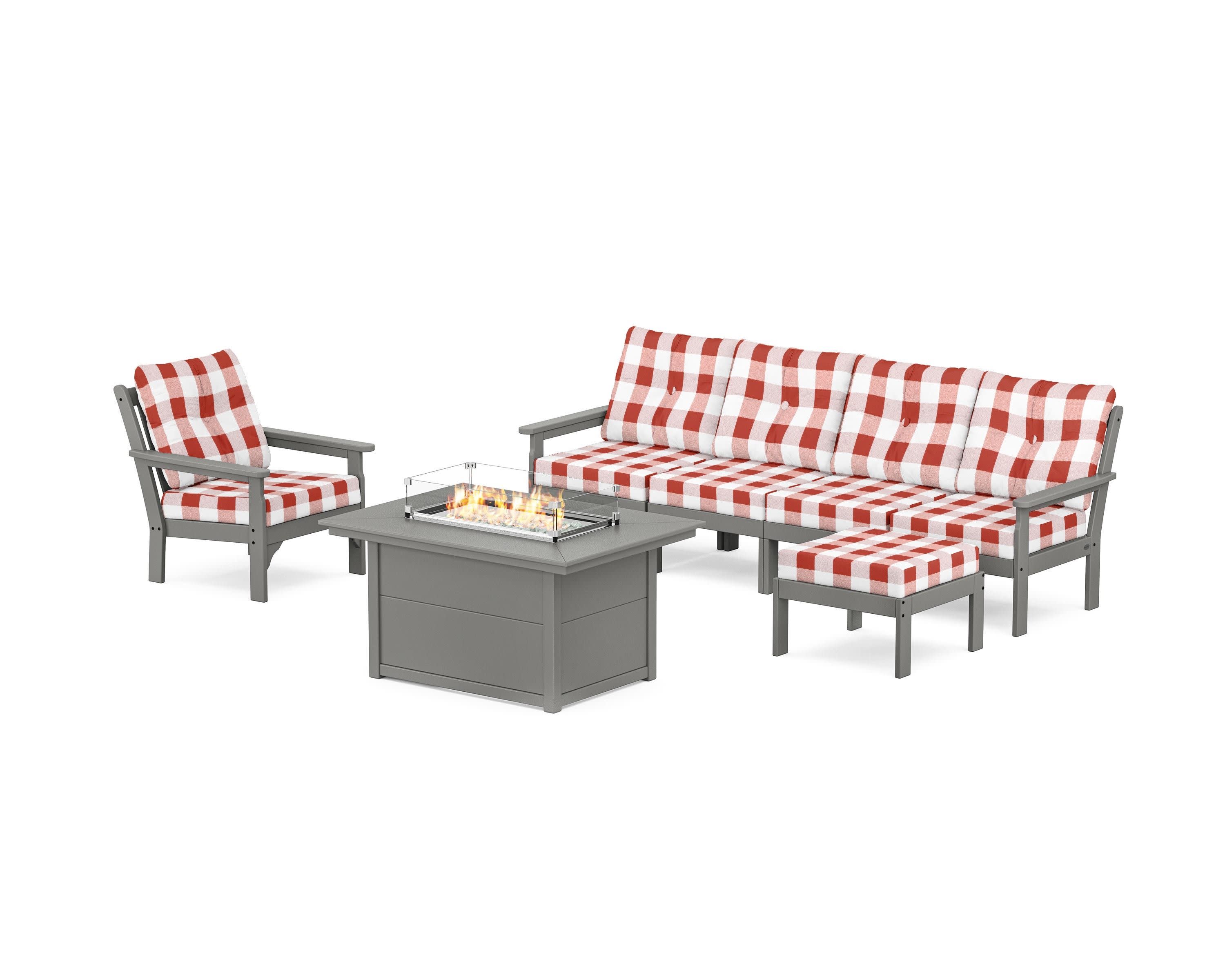 Vineyard Sectional Lounge and Fire Pit Set in Slate Grey / Buffalo Plaid Crimson