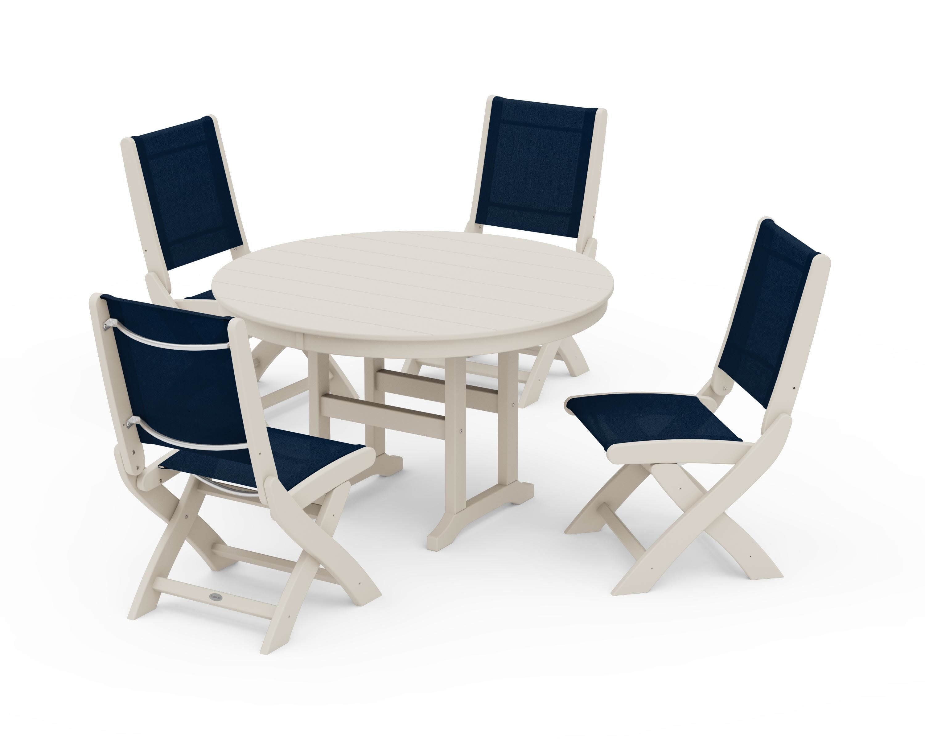 Coastal Folding Side Chair 5-Piece Round Dining Set in Sand / Navy Blue Sling