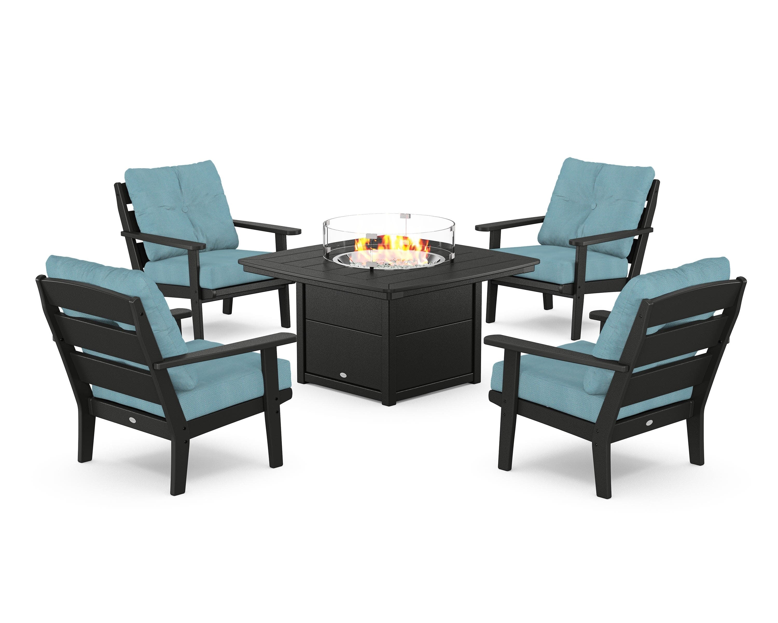 Lakeside 5-Piece Deep Seating Set with Nautical Fire Pit Table in Black / Lattice Sky Blue