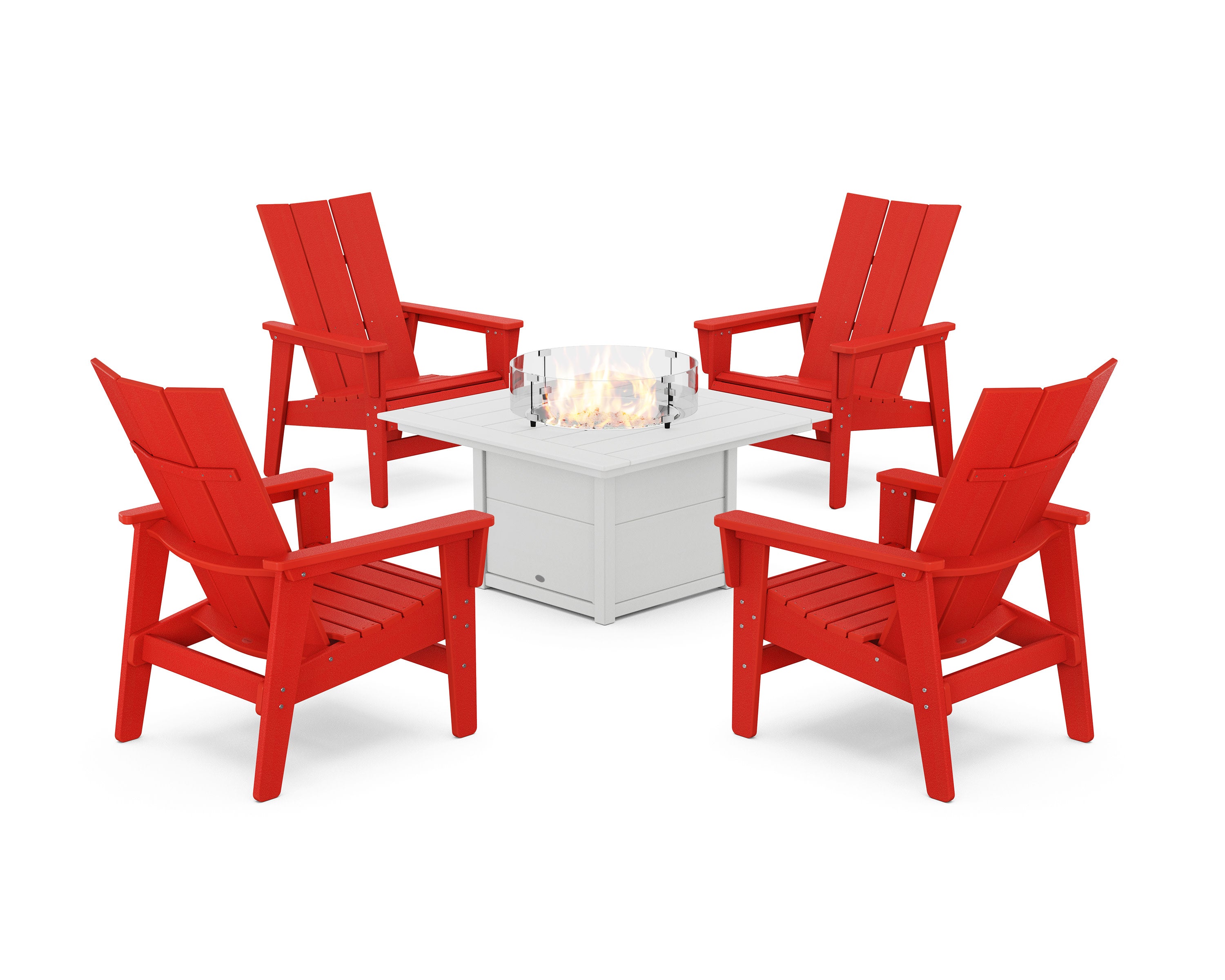 5-Piece Modern Grand Upright Adirondack Conversation Set with Fire Pit Table in Sunset Red / White