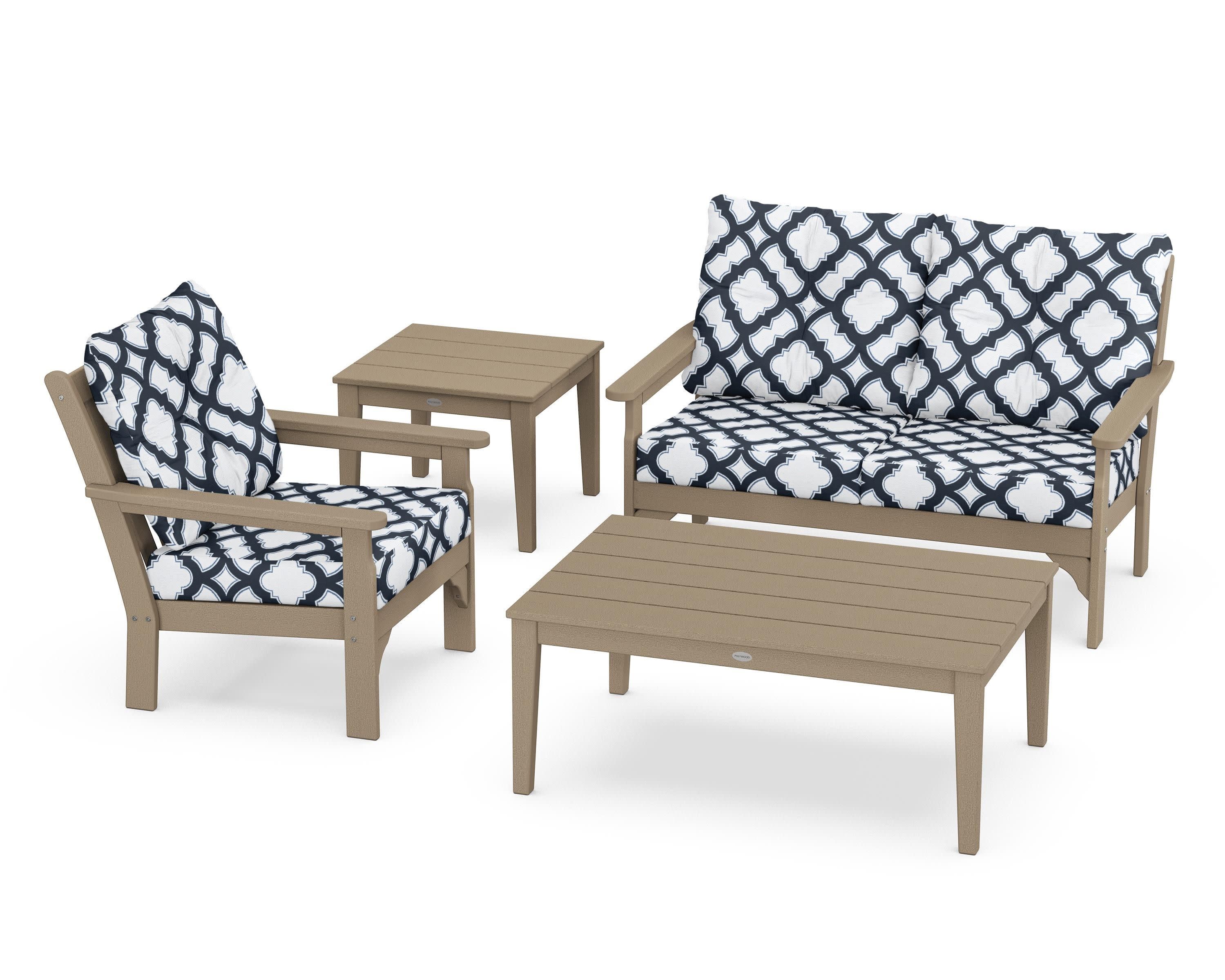 Vineyard 4-Piece Deep Seating Set in Vintage Sahara / Trellis Marine Indigo