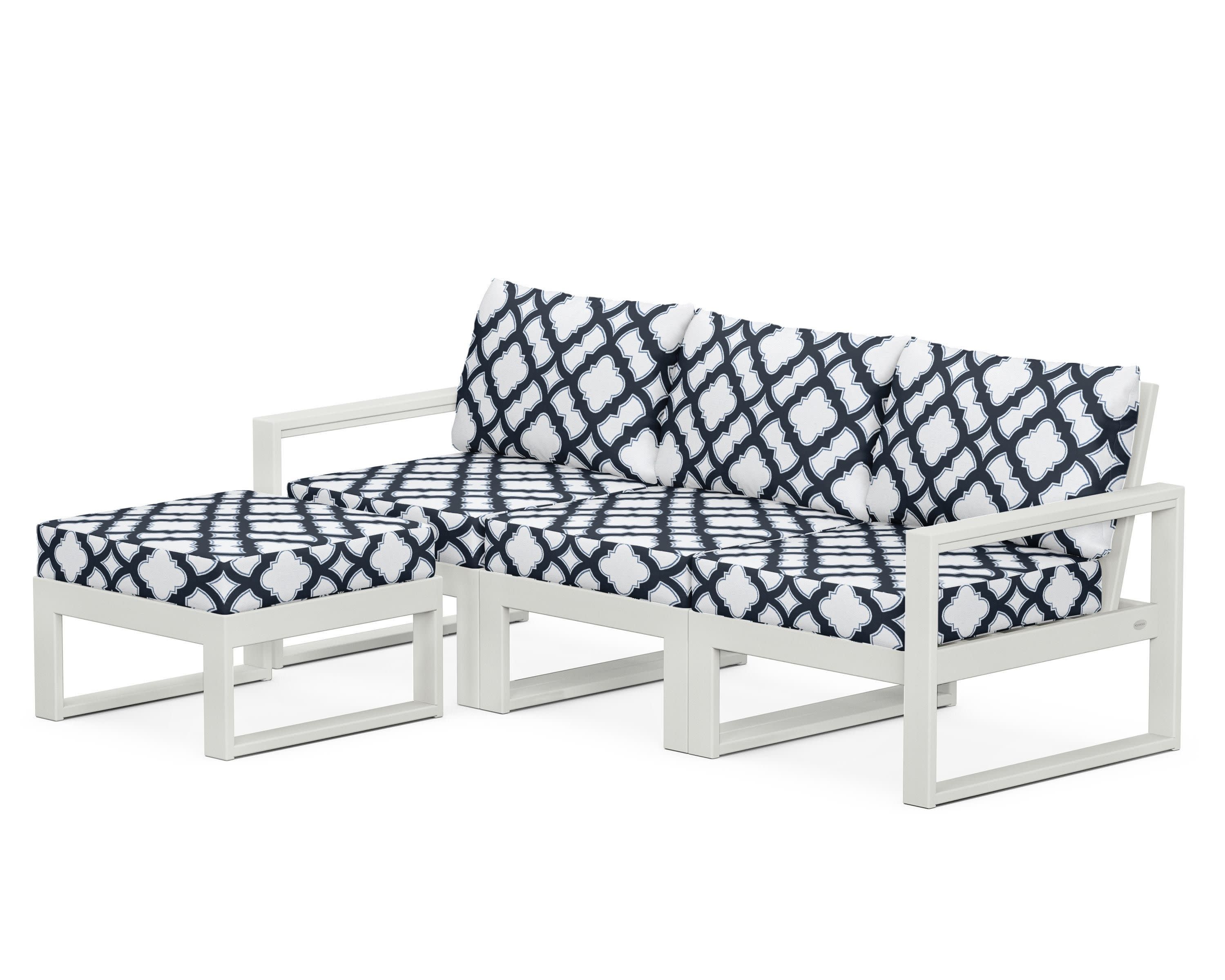 EDGE 4-Piece Modular Deep Seating Set with Ottoman in Vintage White / Trellis Marine Indigo
