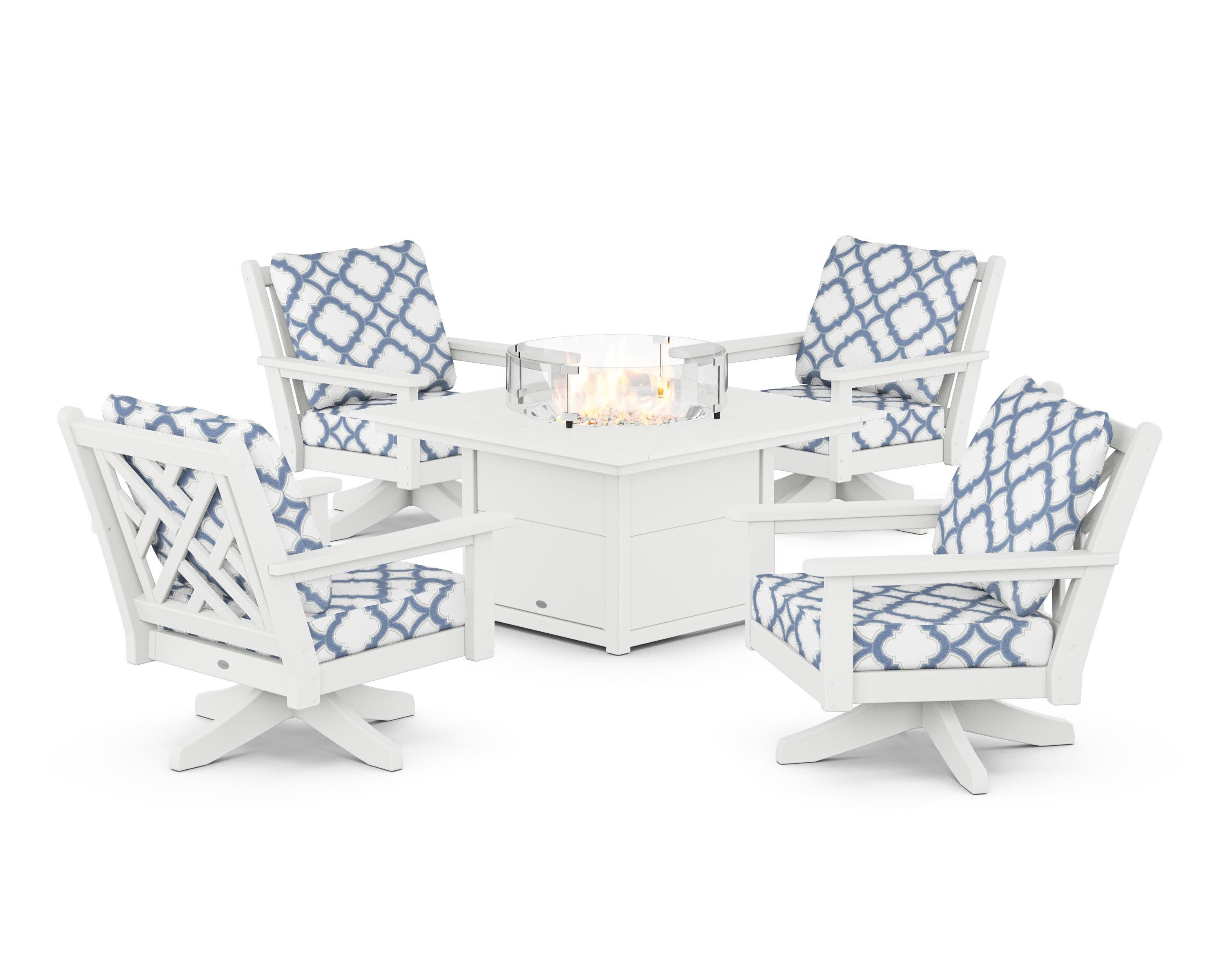 Chippendale 5-Piece Deep Seating Swivel Conversation Set with Fire Pit Table in White / Trellis Sky Blue