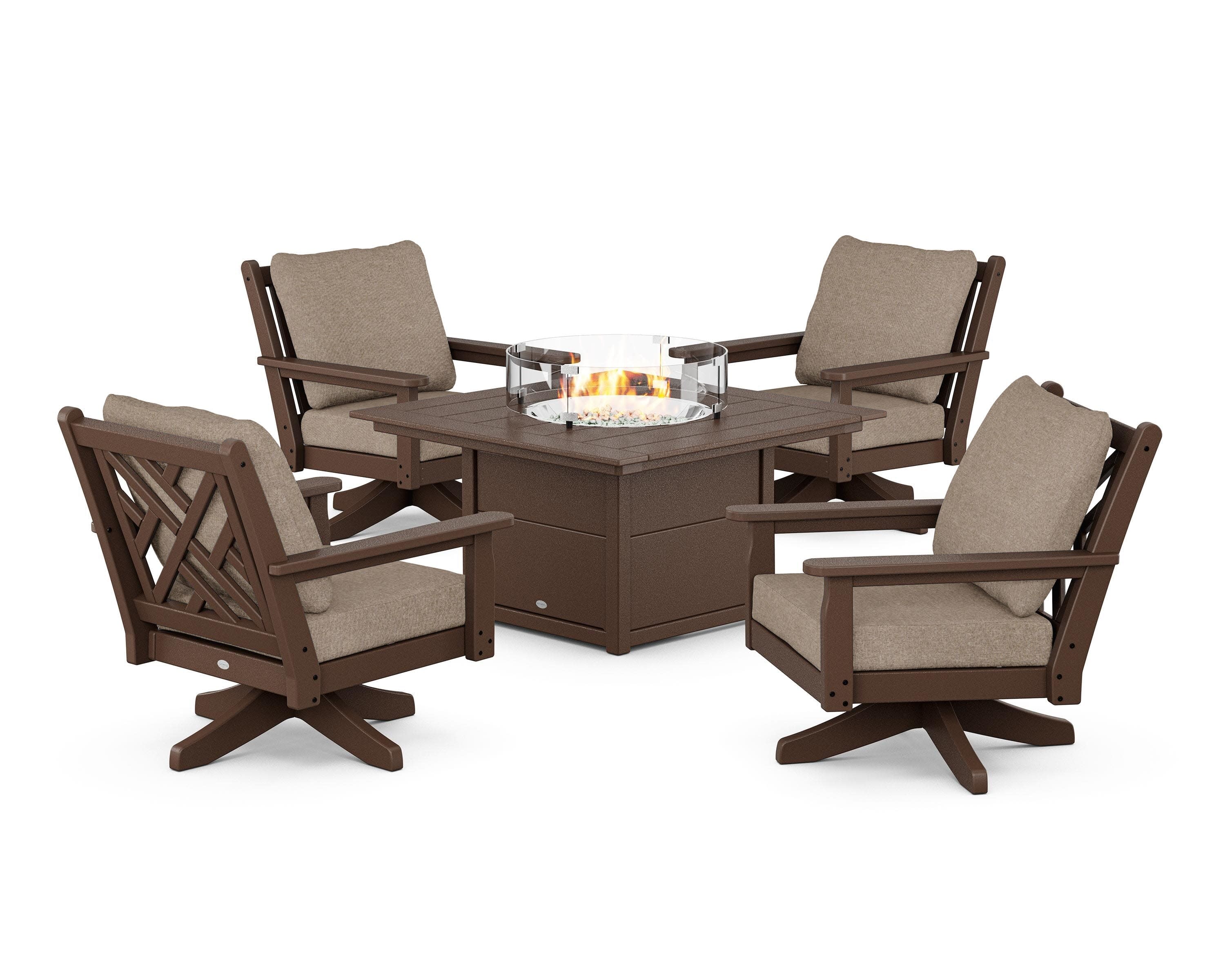 Chippendale 5-Piece Deep Seating Swivel Conversation Set with Fire Pit Table in Mahogany / Spiced Burlap