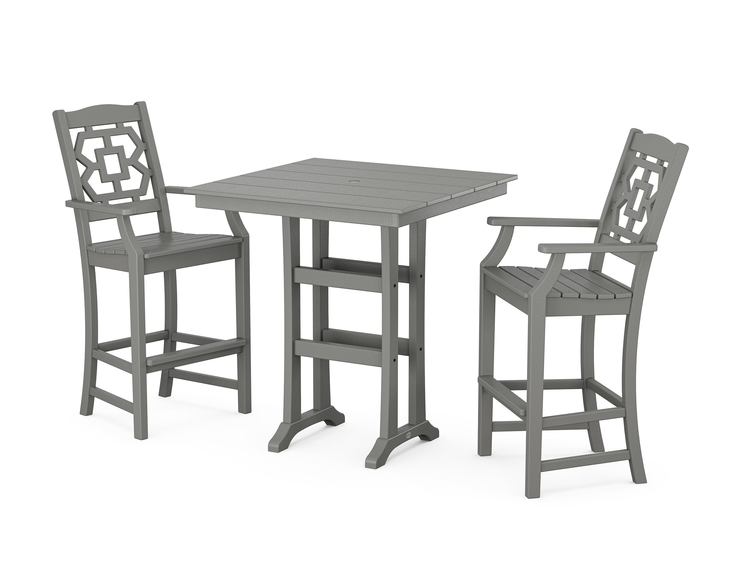 Chinoiserie 3-Piece Farmhouse Bar Set with Trestle Legs in Slate Grey