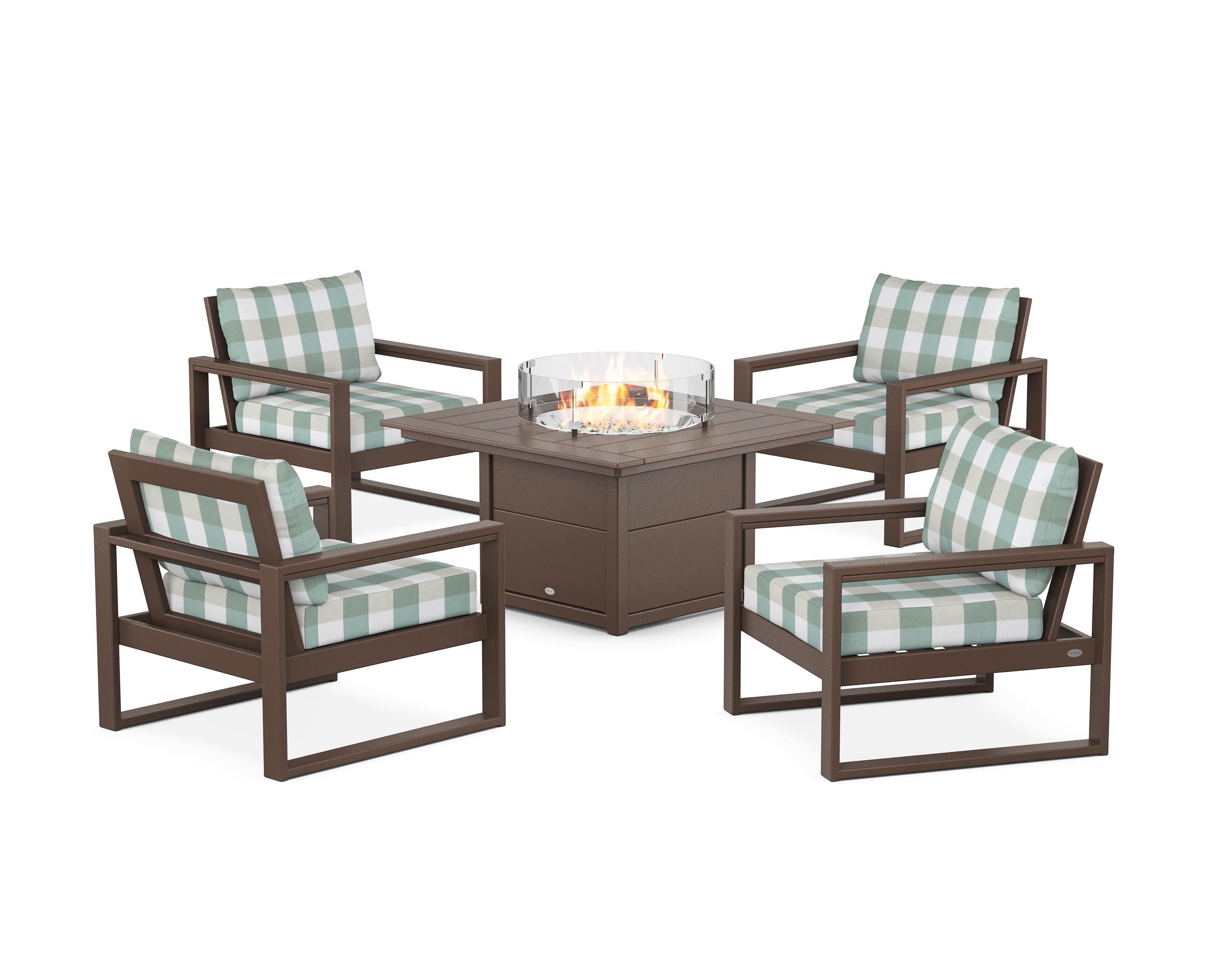 EDGE Sectional 5-Piece Deep Seating Set with Fire Pit Table in Mahogany / Buffalo Plaid Glacier Spa