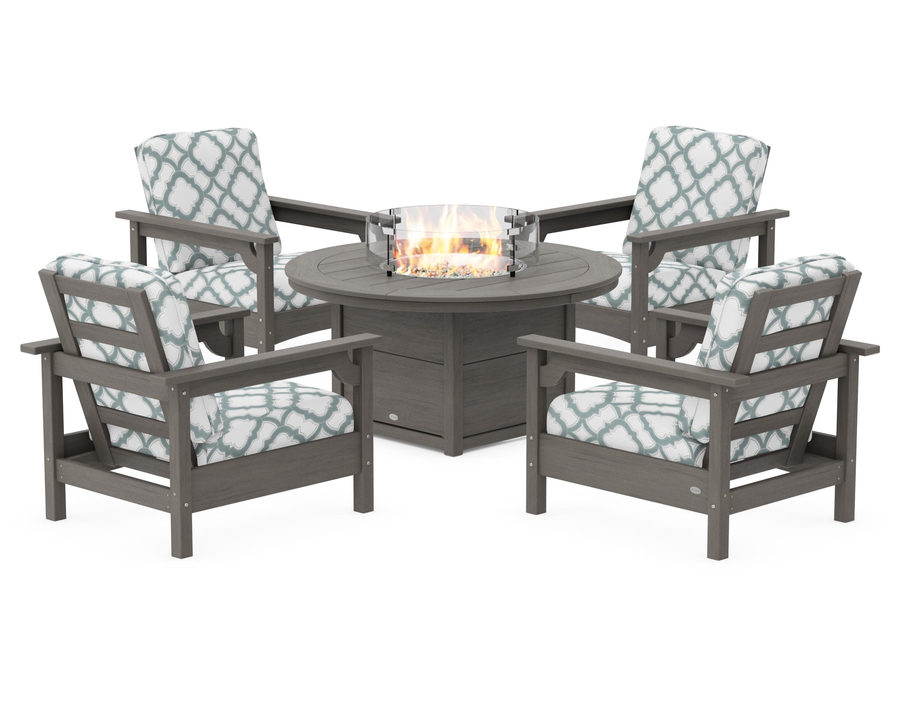 Club 5-Piece Conversation Set with Fire Pit Table in Driftwood / Trellis Glacier Spa