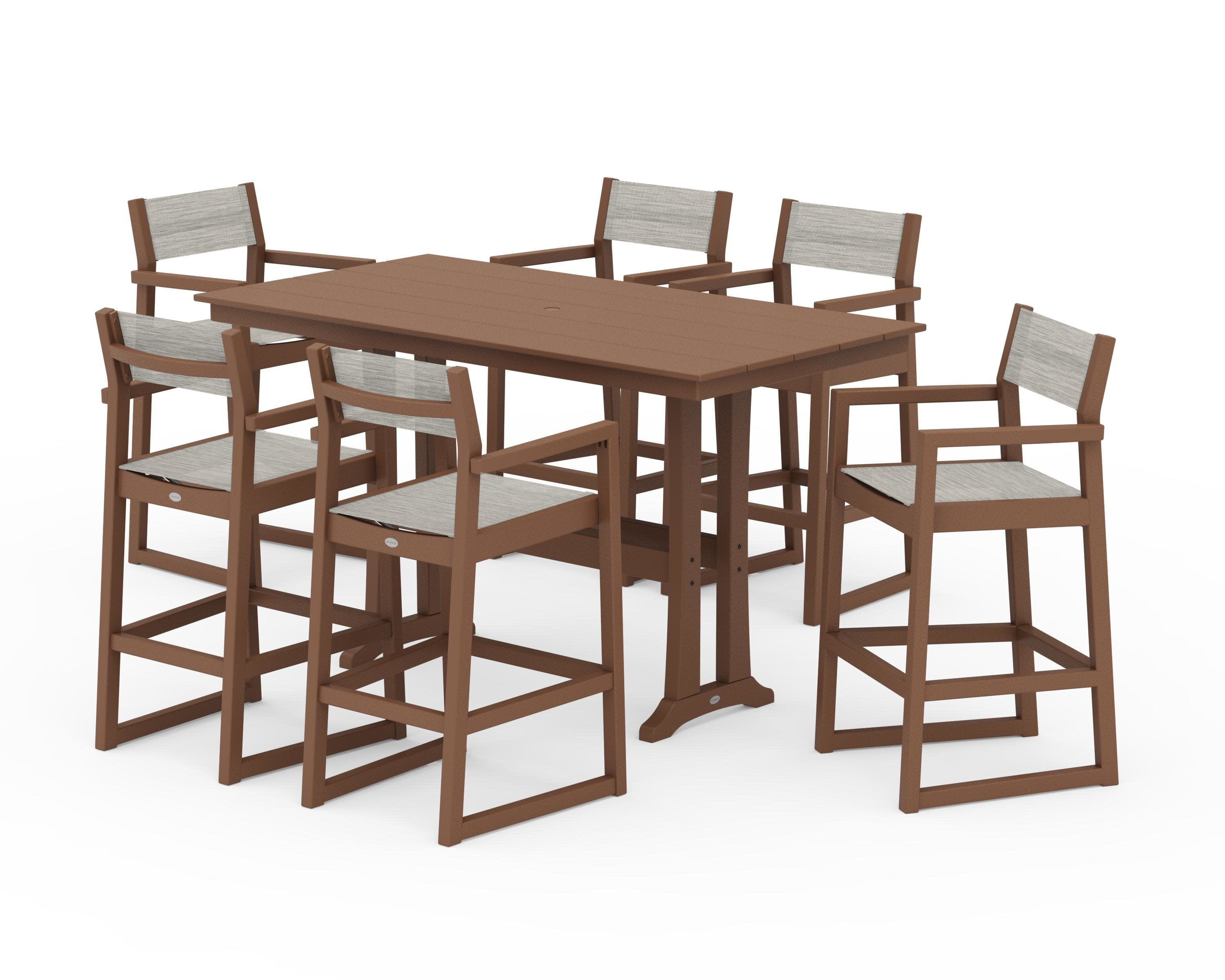 EDGE Sling Arm Chair 7-Piece Farmhouse Bar Set with Trestle Legs in Teak / Birch Sling