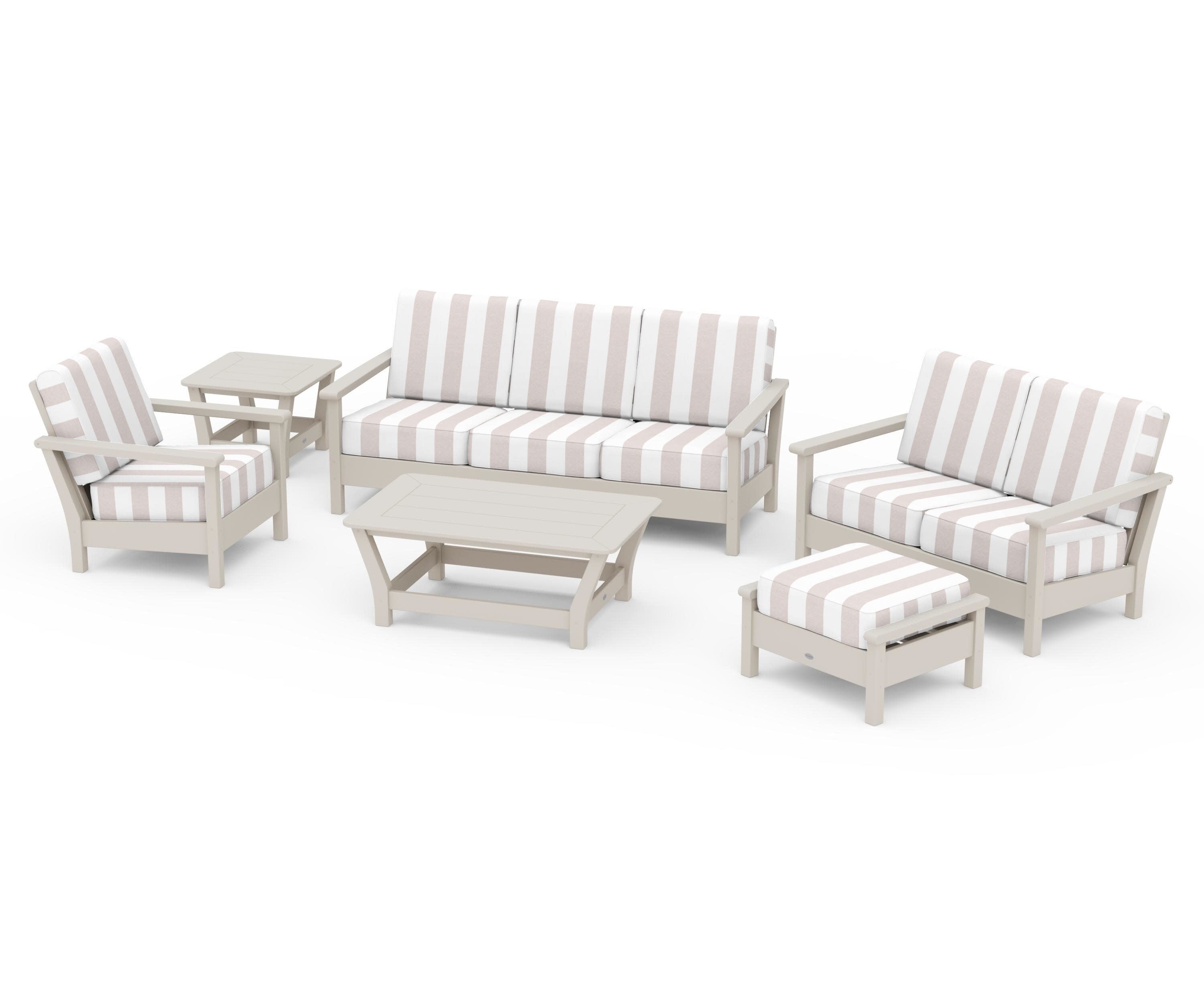 Harbour 6-Piece Outdoor Living Set in Sand / Cabana Stripe Dune Burlap