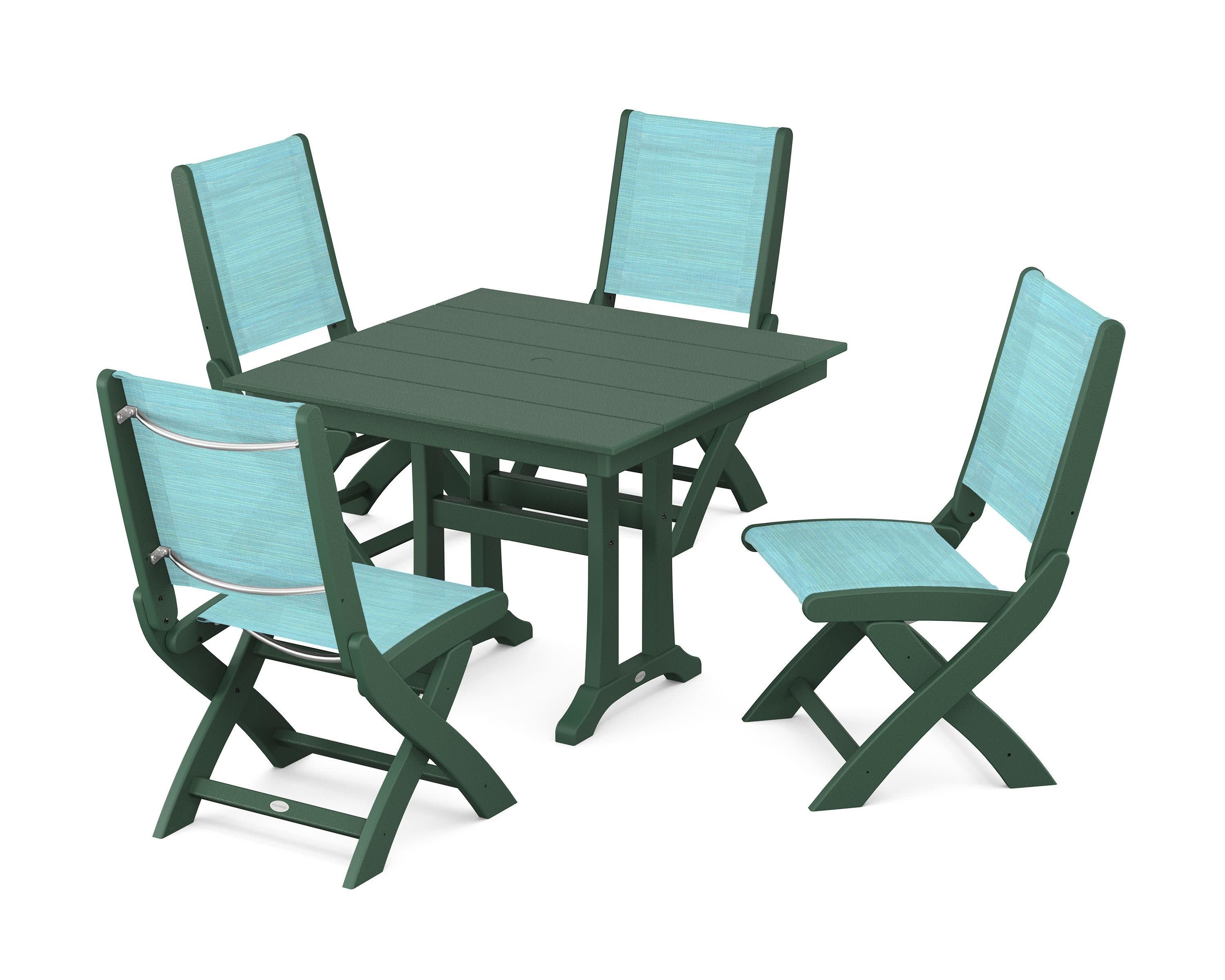 Coastal Folding Side Chair 5-Piece Farmhouse Dining Set With Trestle Legs in Green / Dupioni Aquamarine Sling