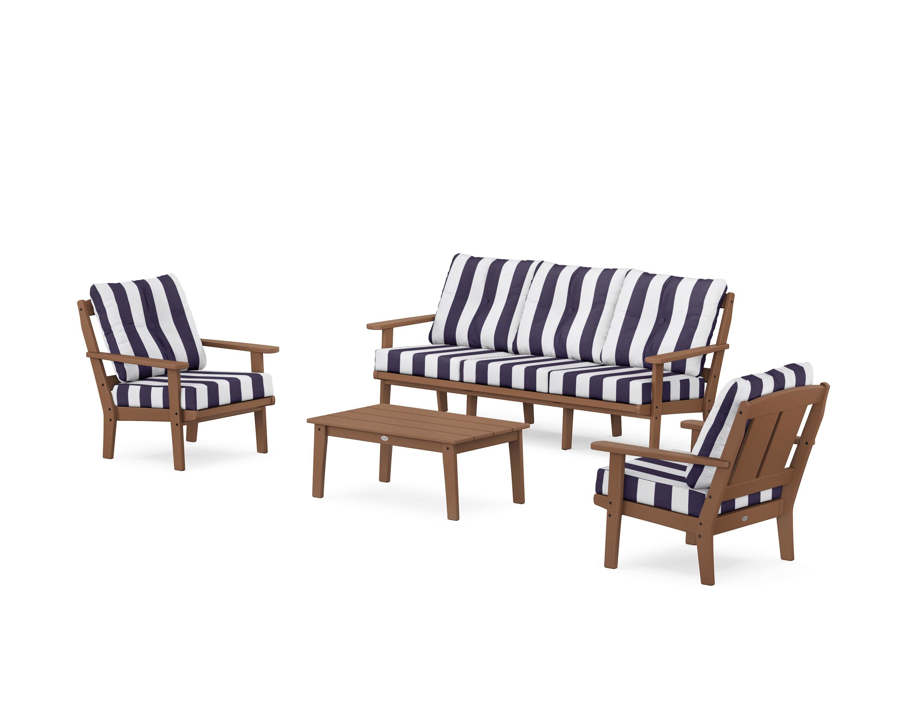 Mission 4-Piece Deep Seating Set with Sofa in Teak / Cabana Stripe Navy