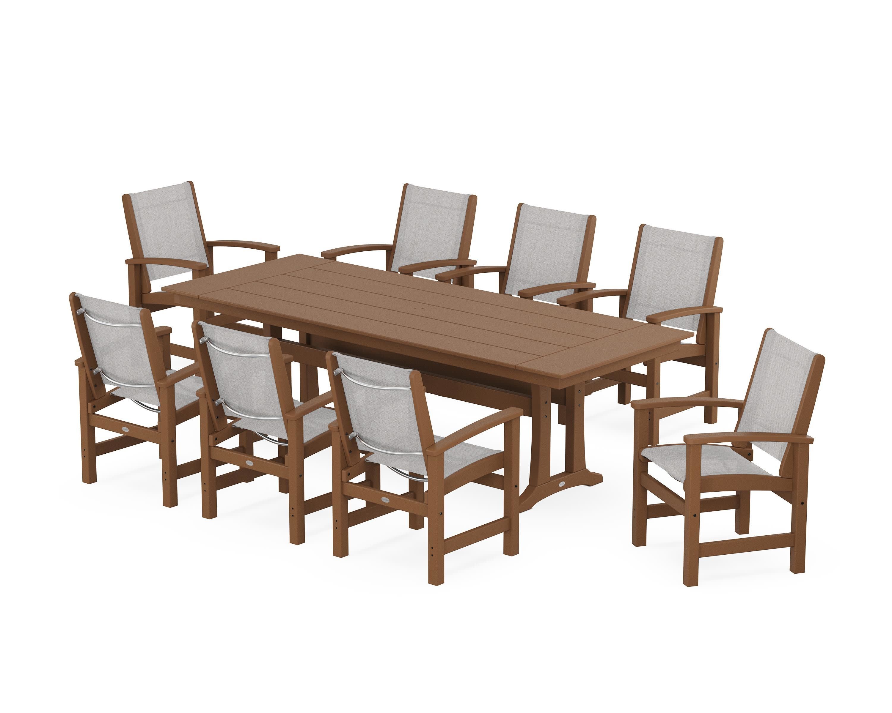 Coastal 9-Piece Farmhouse Dining Set with Trestle Legs in Teak / Parchment Sling