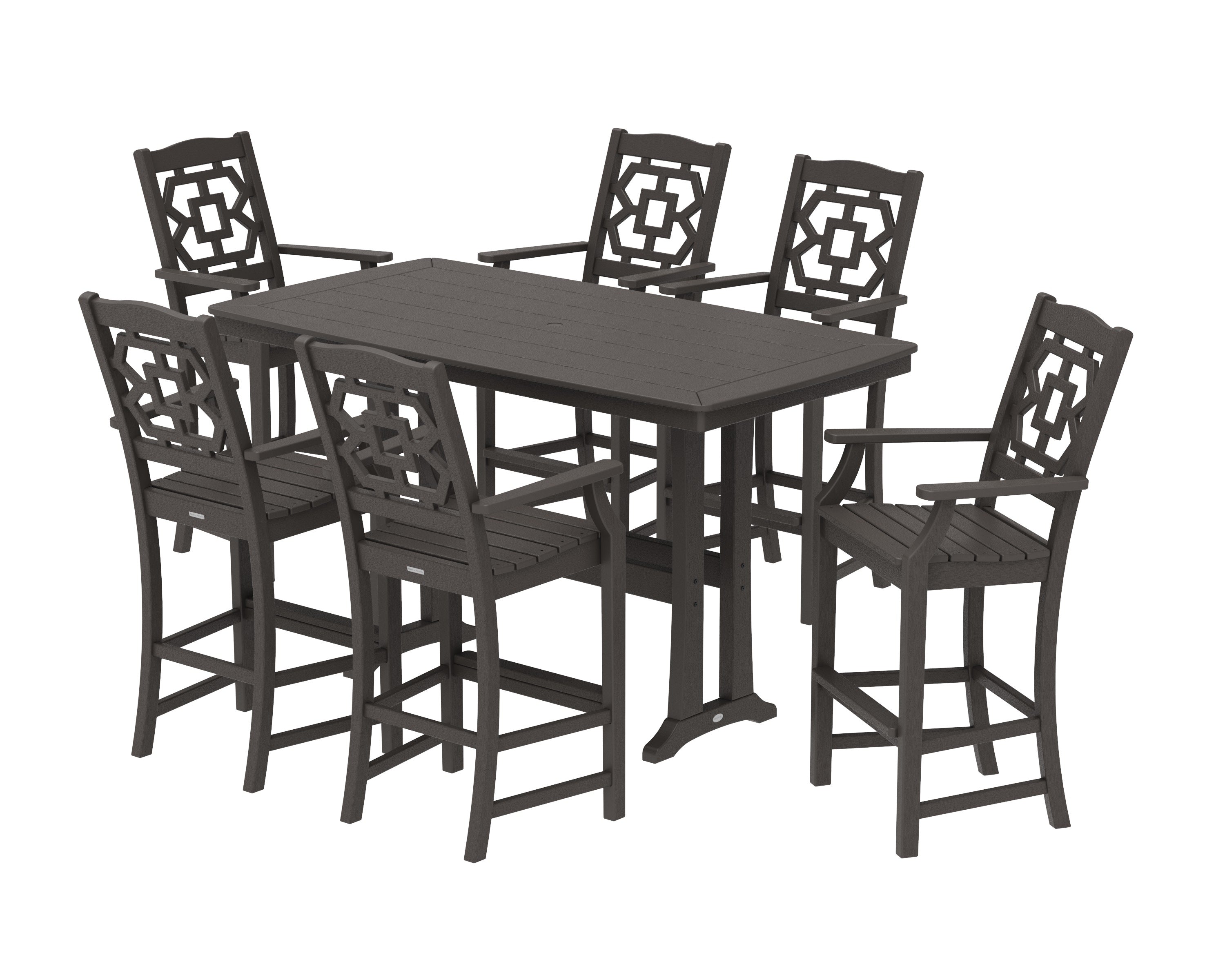 Chinoiserie Arm Chair 7-Piece Bar Set with Trestle Legs in Vintage Coffee