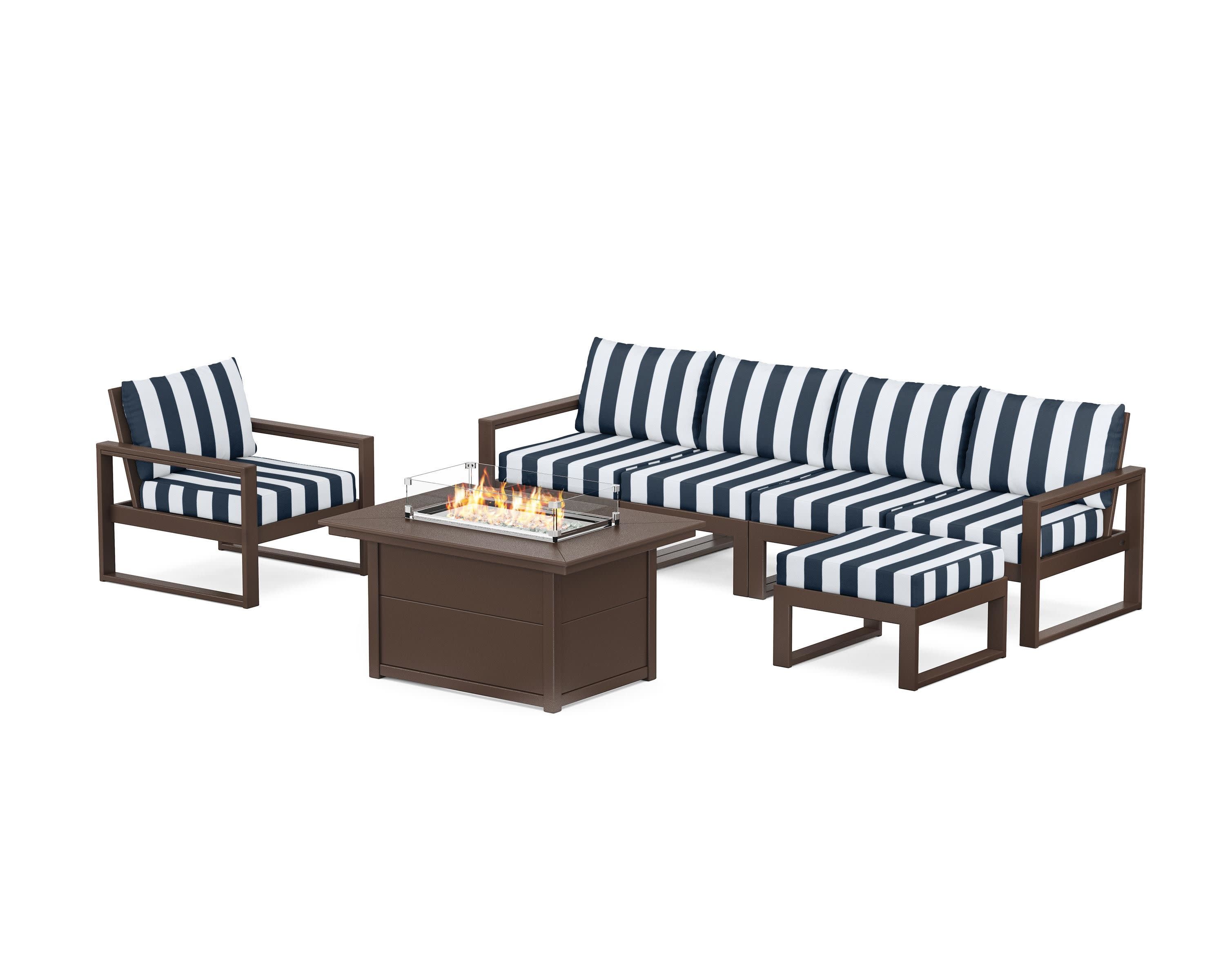 EDGE Sectional Lounge and Fire Pit Set in Mahogany / Cabana Stripe Marine Indigo