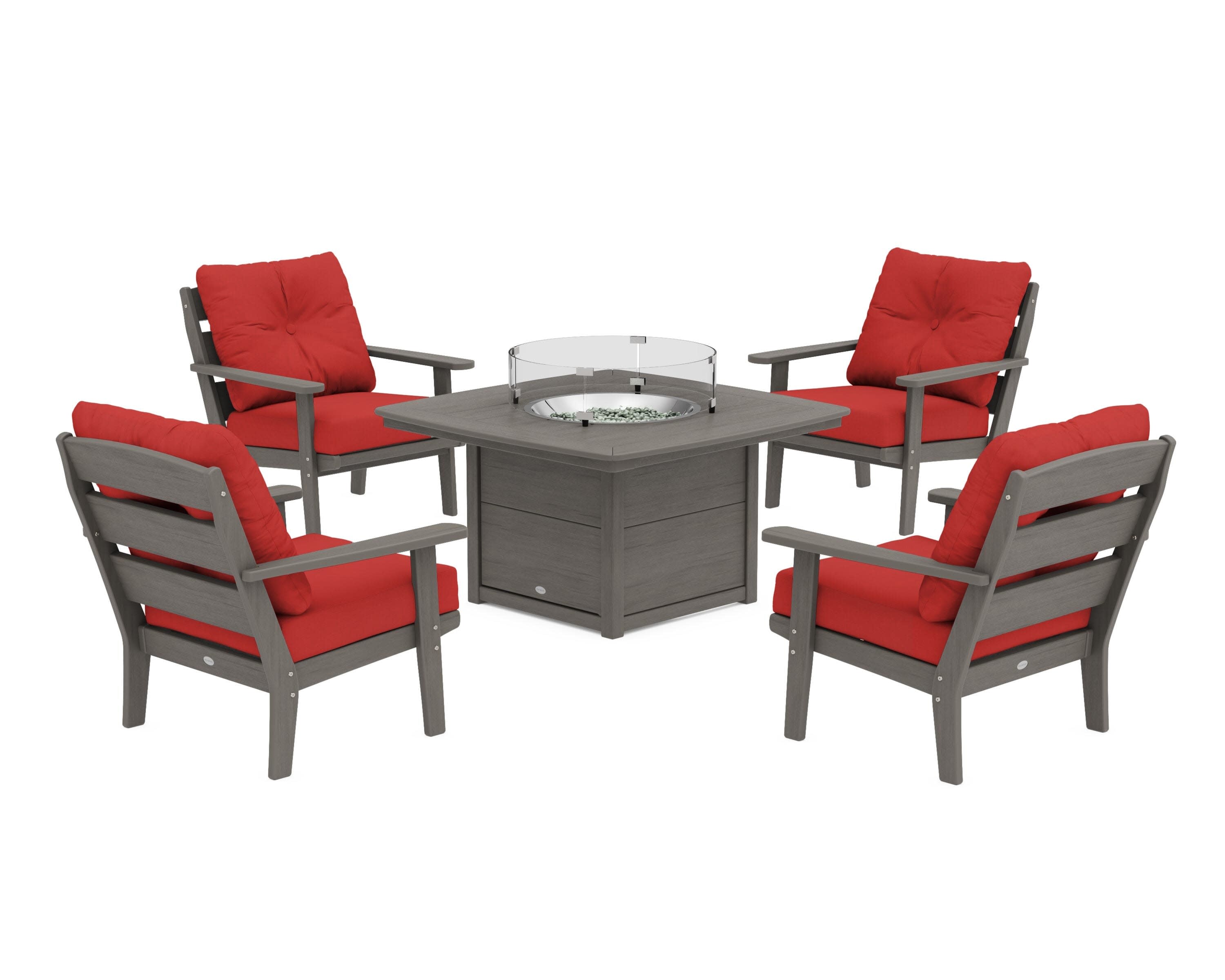 Lakeside 5-Piece Deep Seating Set with Nautical Fire Pit Table in Driftwood / Crimson Linen