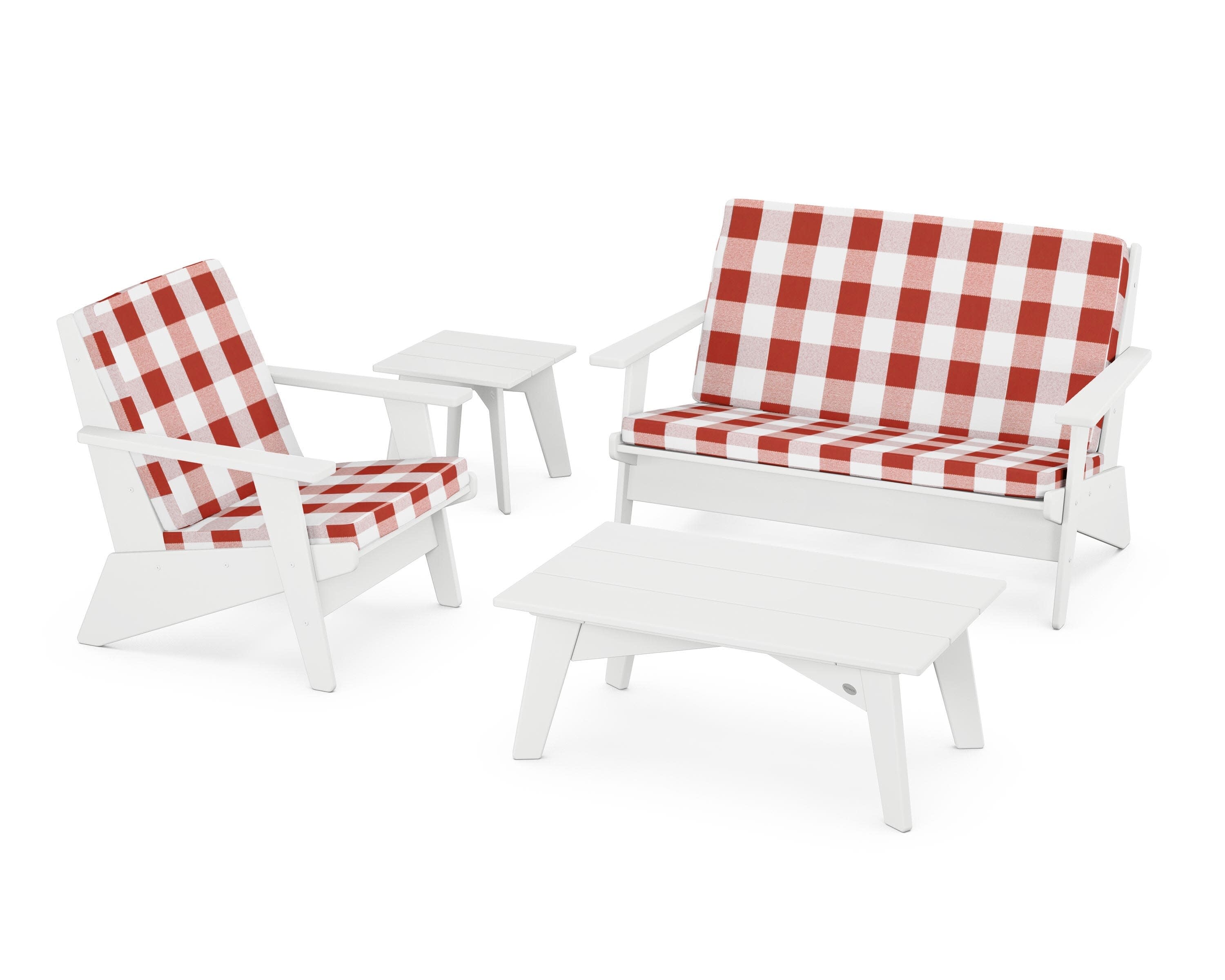 Riviera Modern Lounge 4-Piece Set in White / Buffalo Plaid Crimson