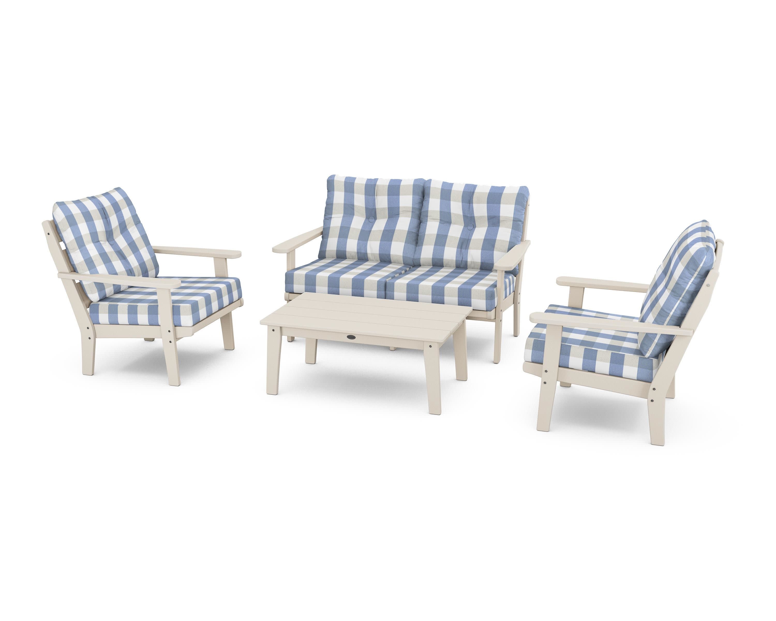 Lakeside 4-Piece Deep Seating Set in Sand / Buffalo Plaid Sky Blue