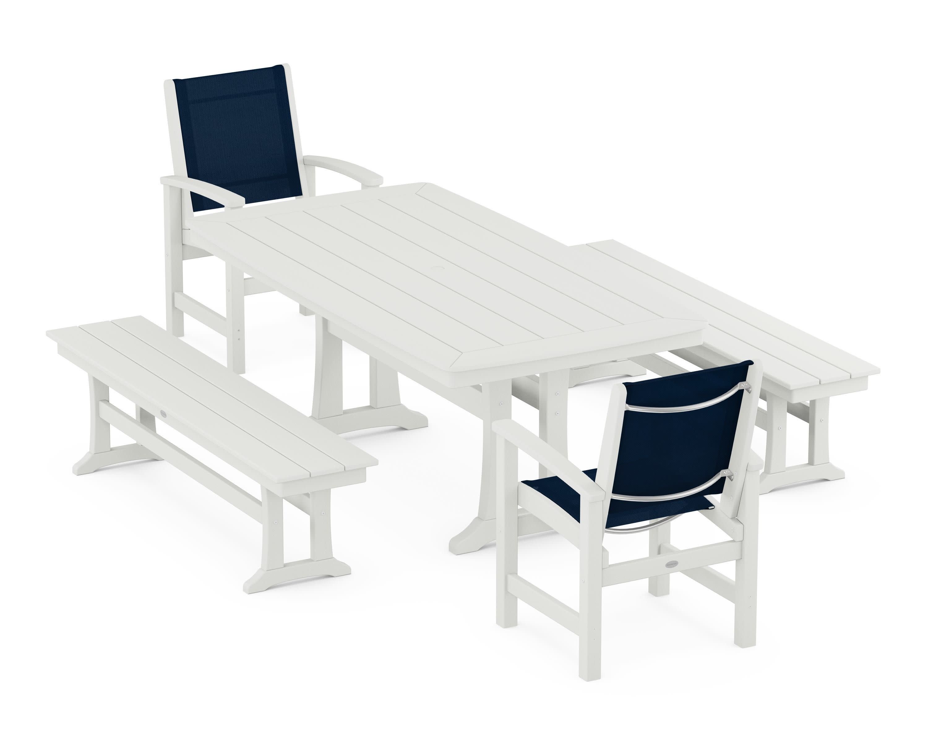 Coastal 5-Piece Dining Set with Trestle Legs and Benches in Vintage White / Navy Blue Sling