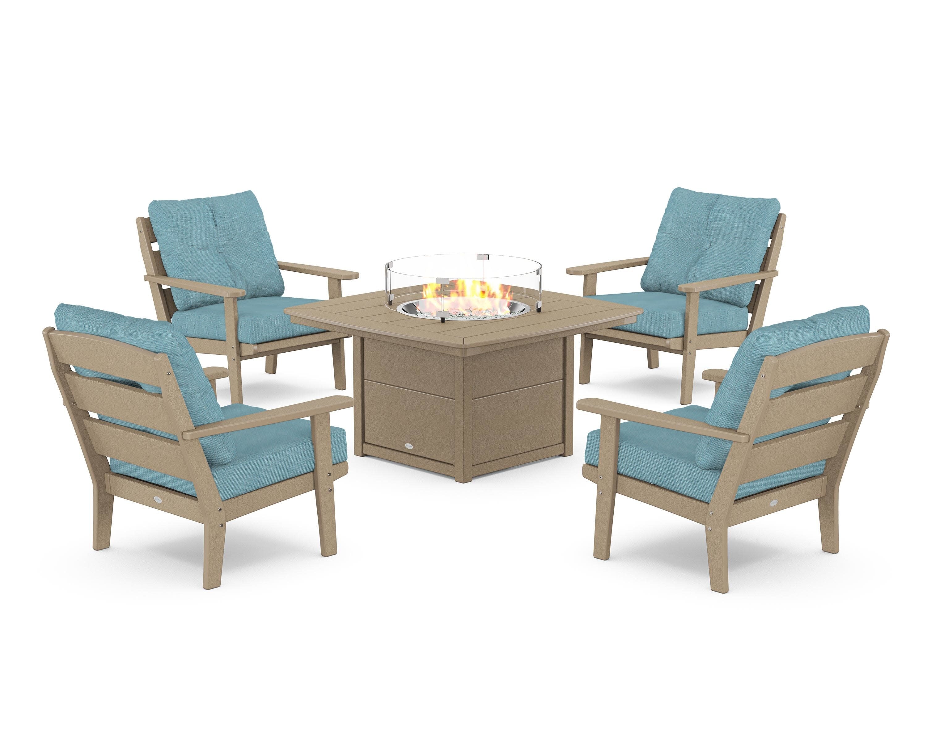 Lakeside 5-Piece Deep Seating Set with Nautical Fire Pit Table in Vintage Sahara / Lattice Sky Blue