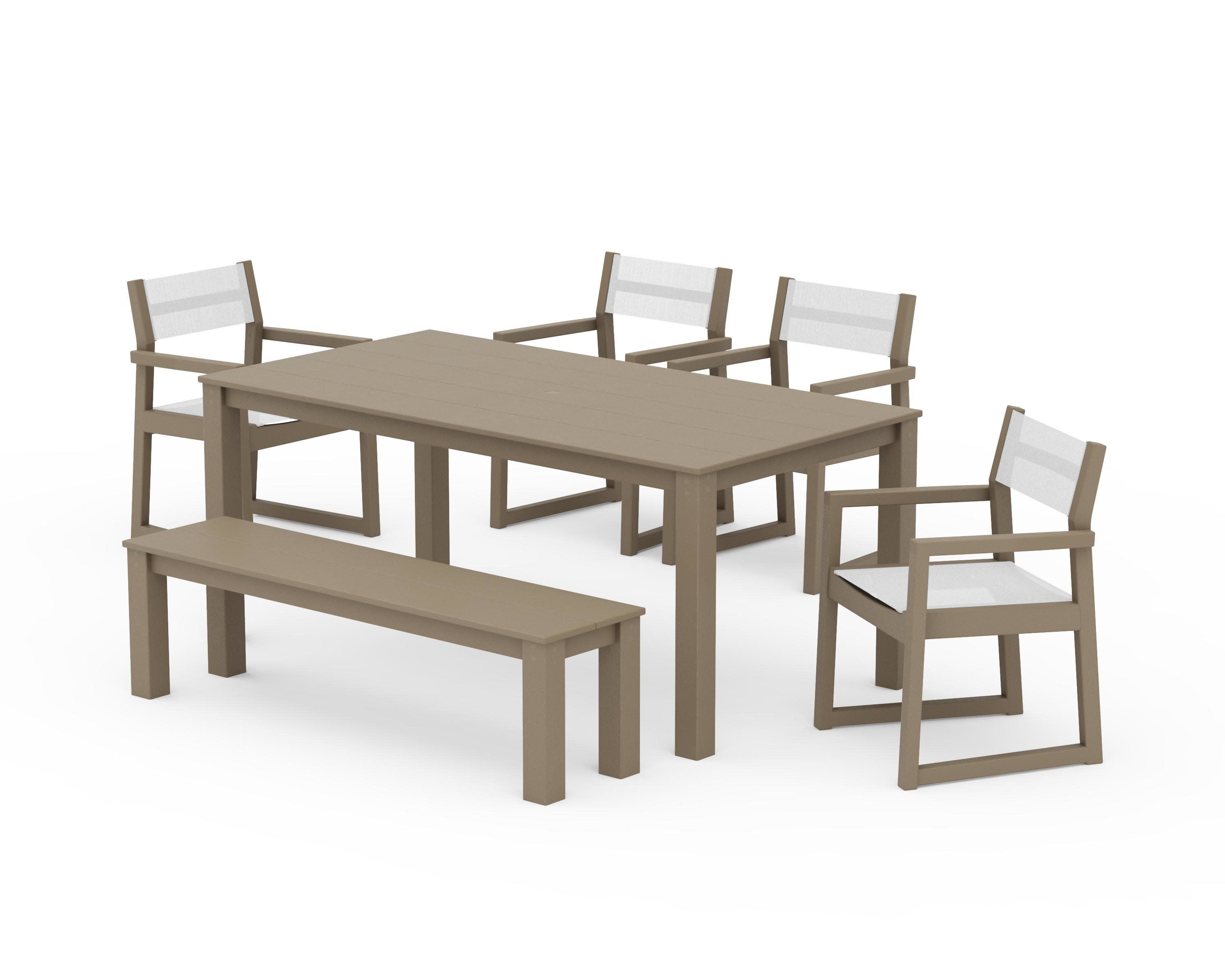 EDGE Sling Arm Chair 6-Piece Parsons Dining Set with Bench in Vintage Sahara / White Sling