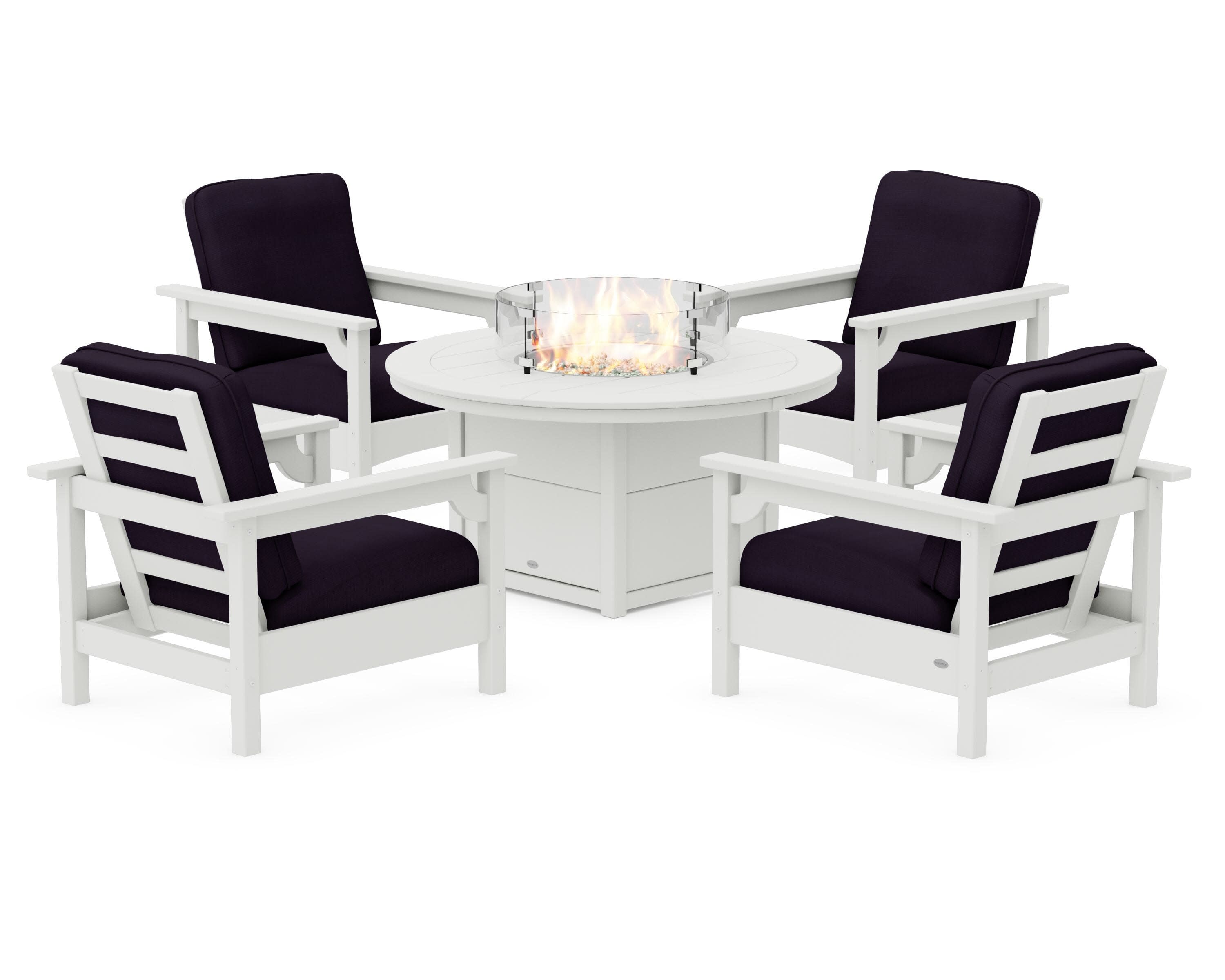 Club 5-Piece Conversation Set with Fire Pit Table in Vintage White / Navy Linen