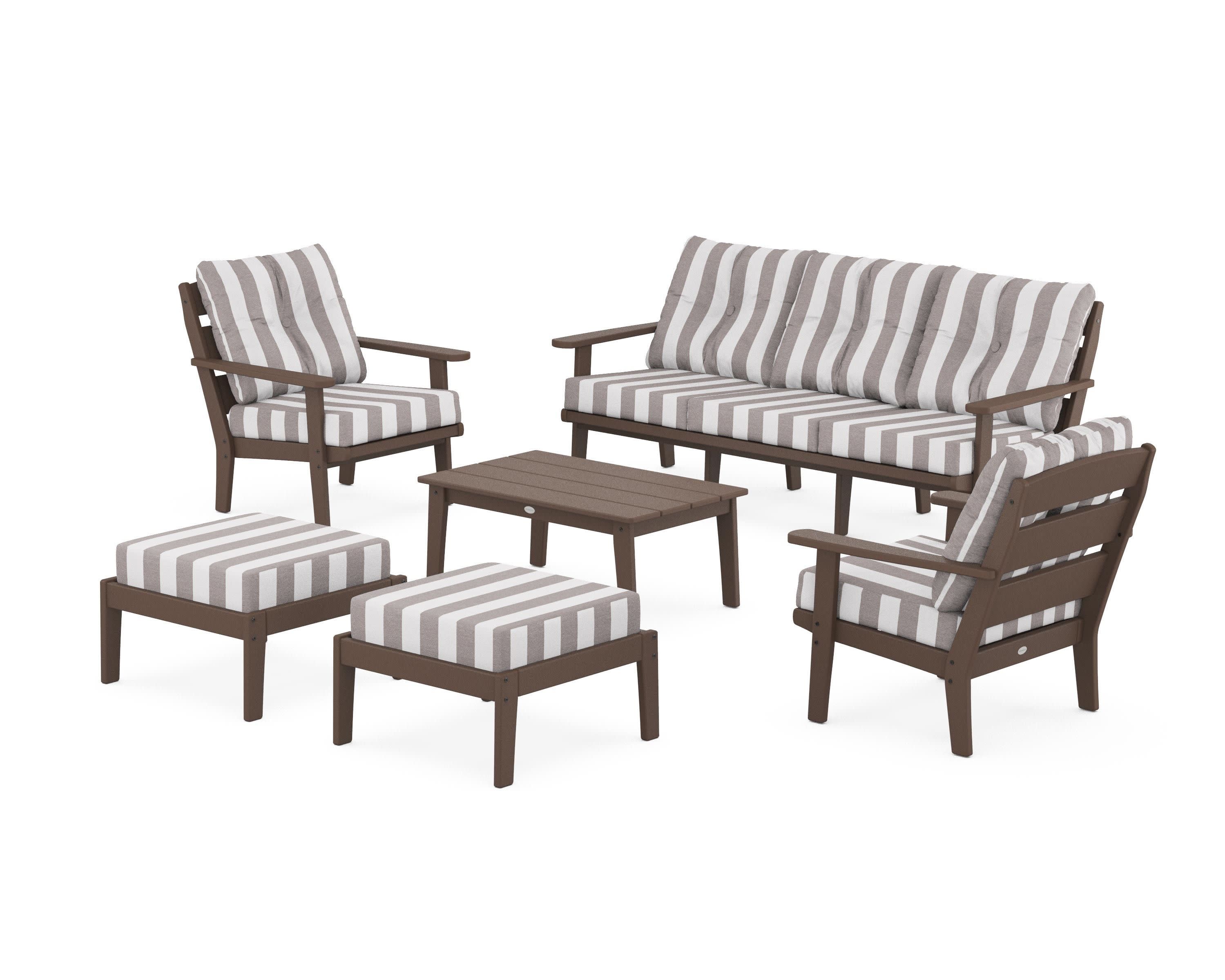 Lakeside 6-Piece Lounge Sofa Set in Mahogany / Cabana Stripe Grey Mist