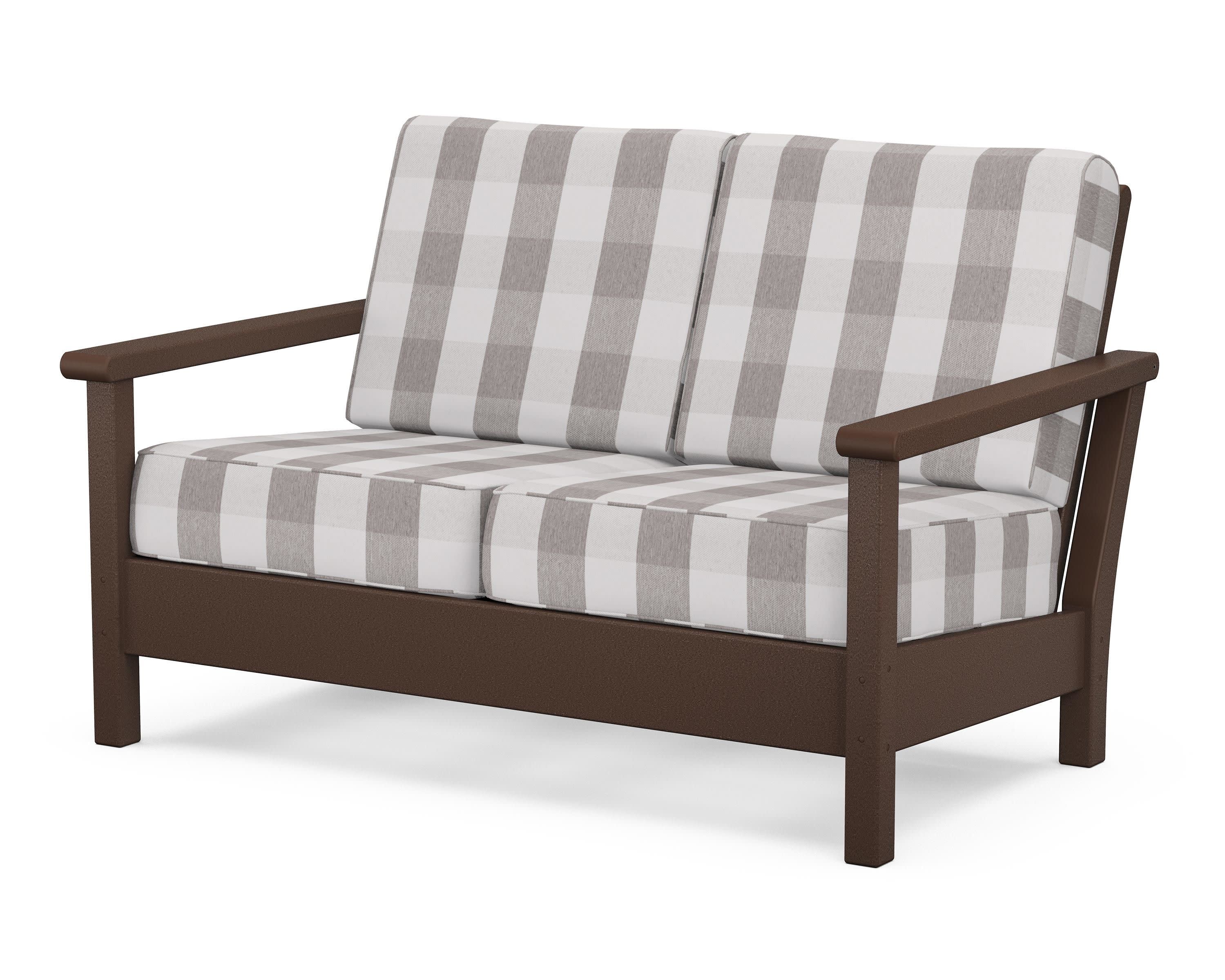 Harbour Deep Seating Loveseat in Mahogany / Buffalo Plaid Grey Mist
