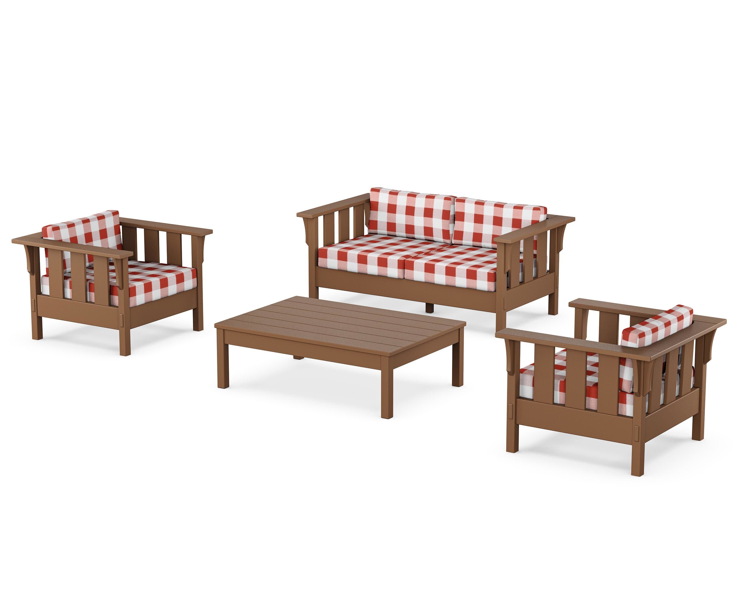 Acadia 4-Piece Deep Seating Set with Loveseat in Teak / Buffalo Plaid Crimson