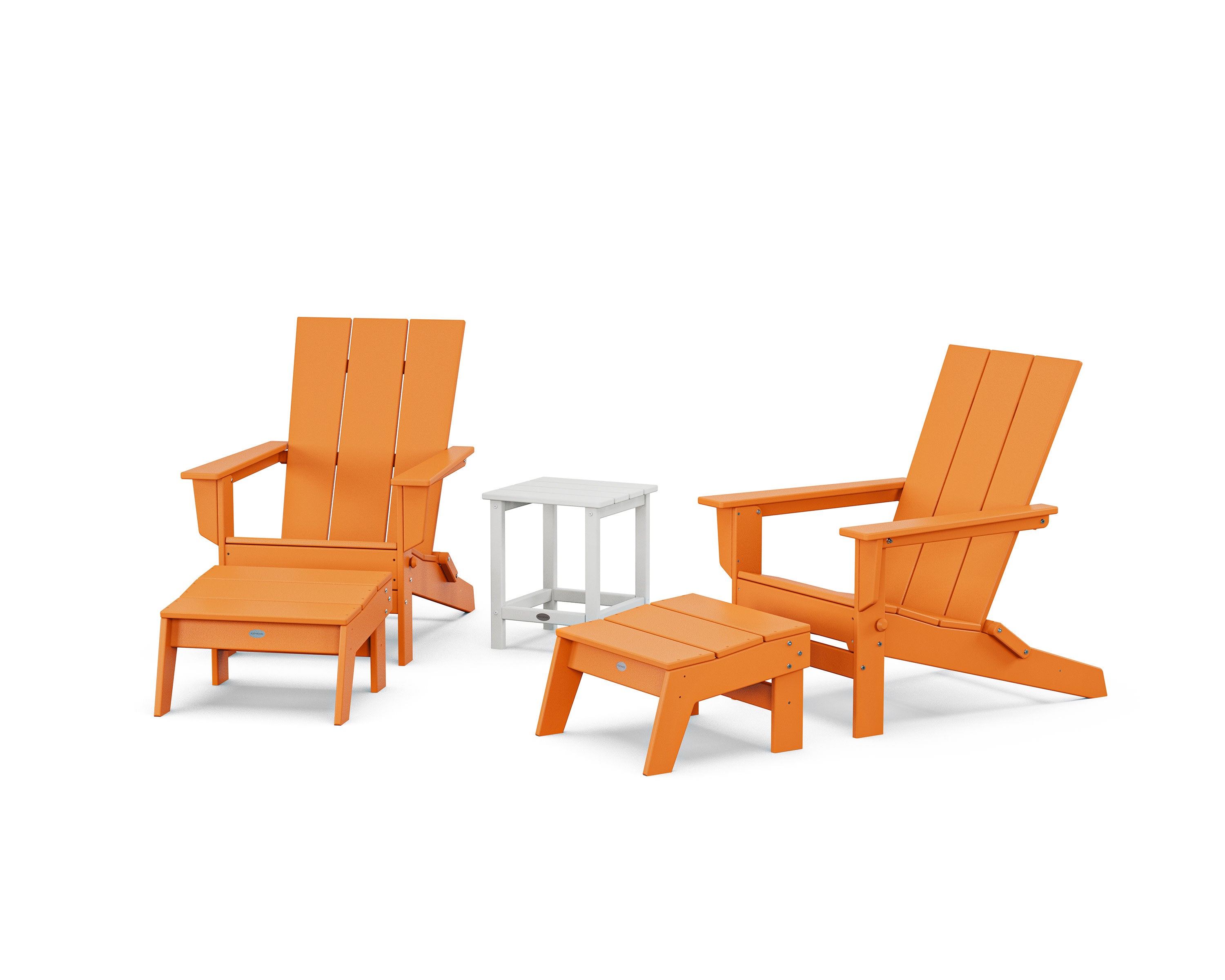 5-Piece Modern Studio Folding Adirondack Set with Ottomans and Side Table in Tangerine / White