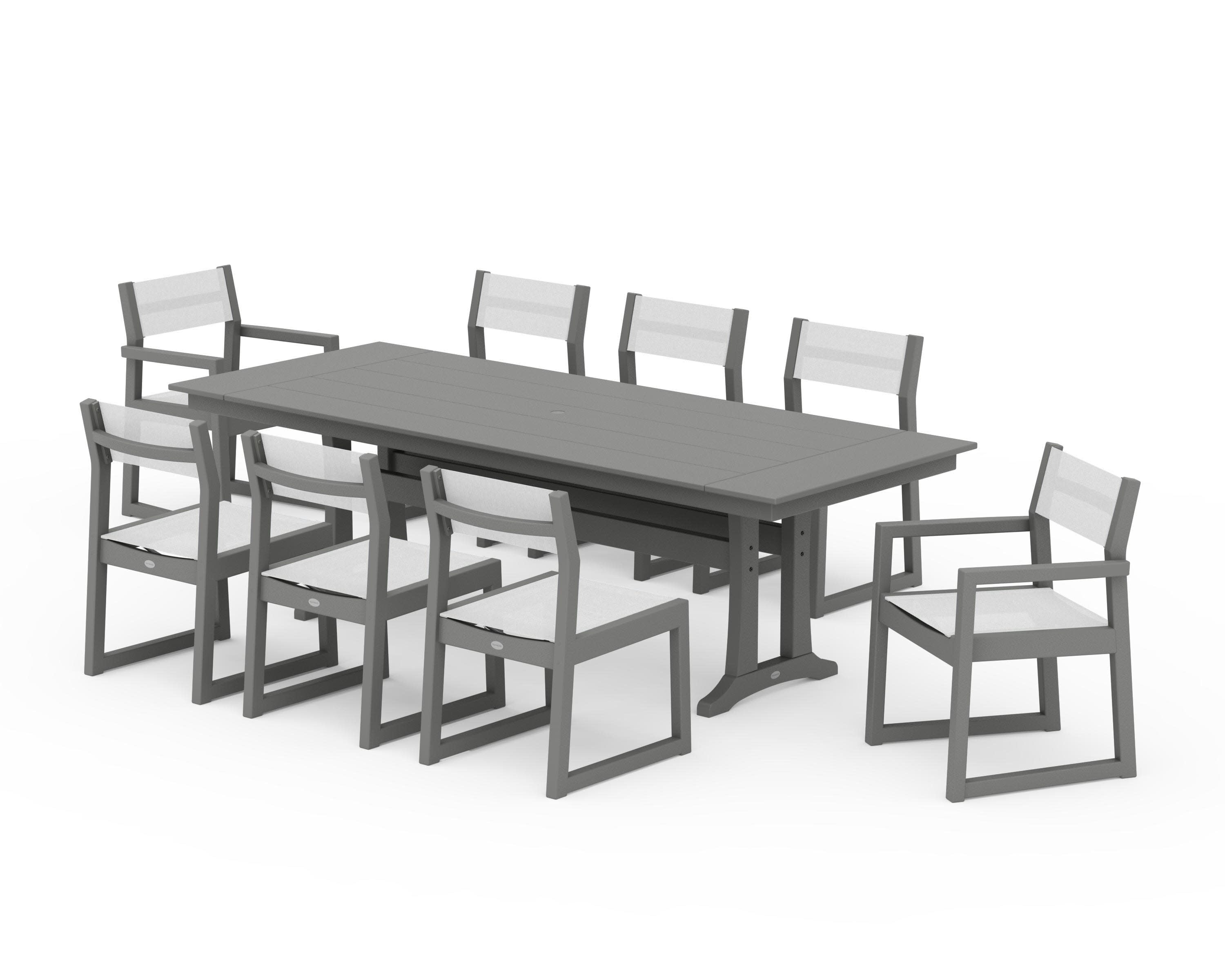 EDGE Sling 9-Piece Farmhouse Trestle Dining Set in Slate Grey / White Sling