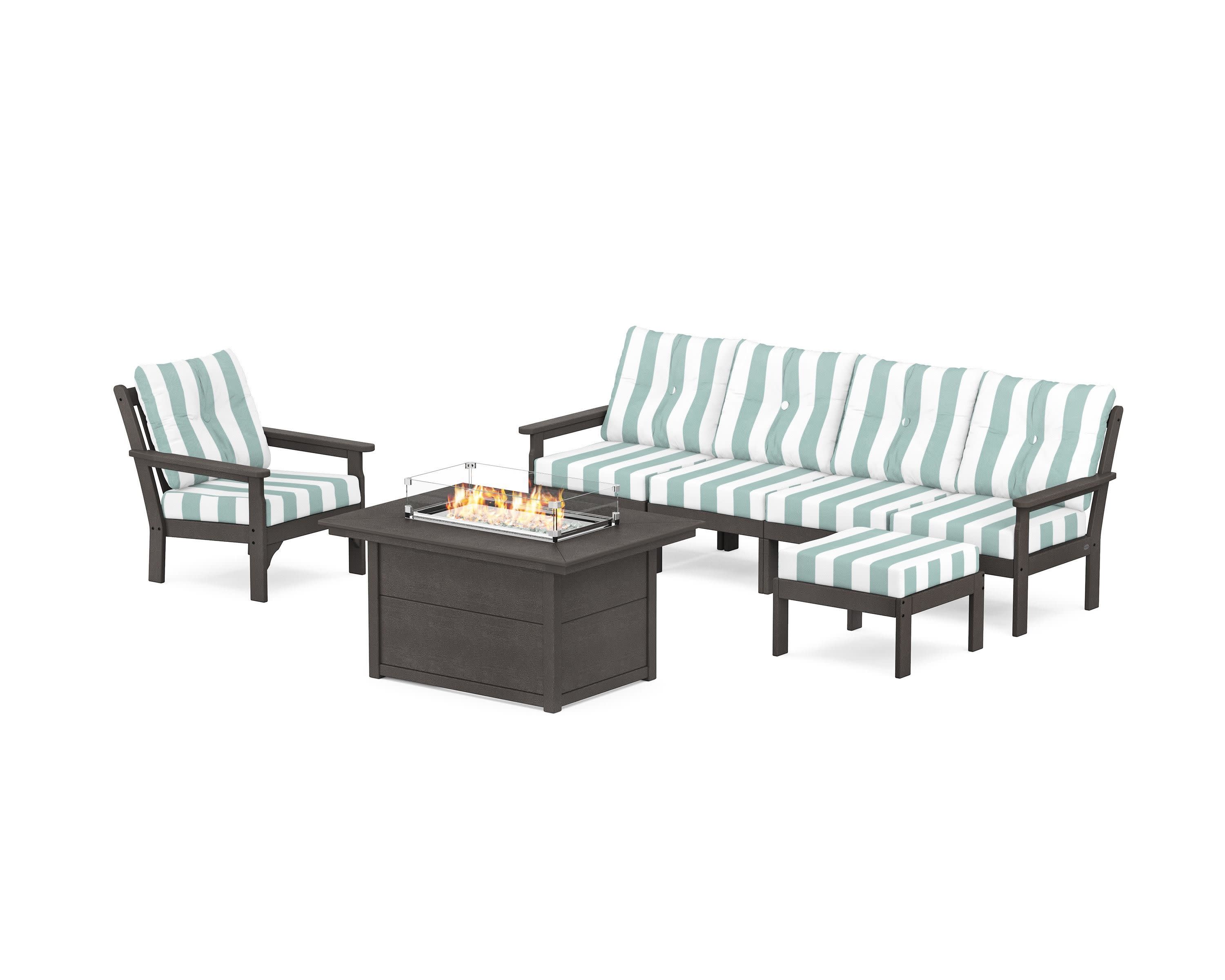Vineyard Sectional Lounge and Fire Pit Set in Vintage Coffee / Cabana Stripe Glacier Spa