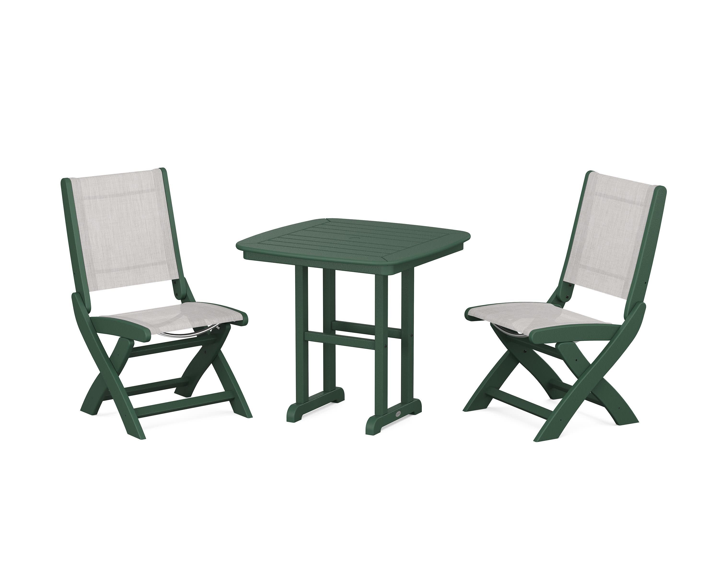 Coastal Folding Side Chair 3-Piece Dining Set in Green / Parchment Sling