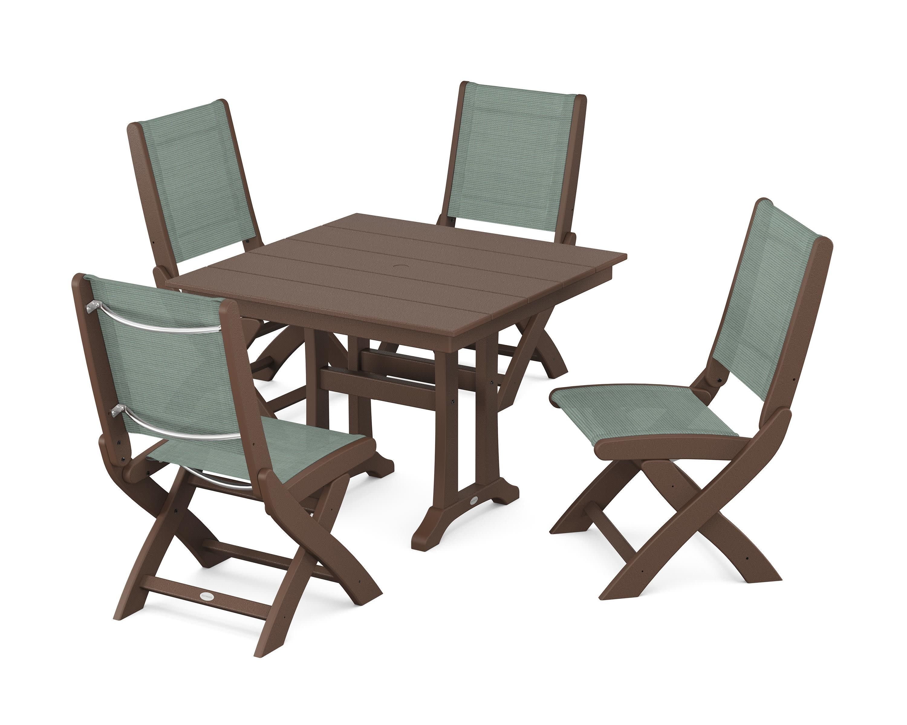 Coastal Folding Side Chair 5-Piece Farmhouse Dining Set With Trestle Legs in Mahogany / Dupioni Sea Mist Sling