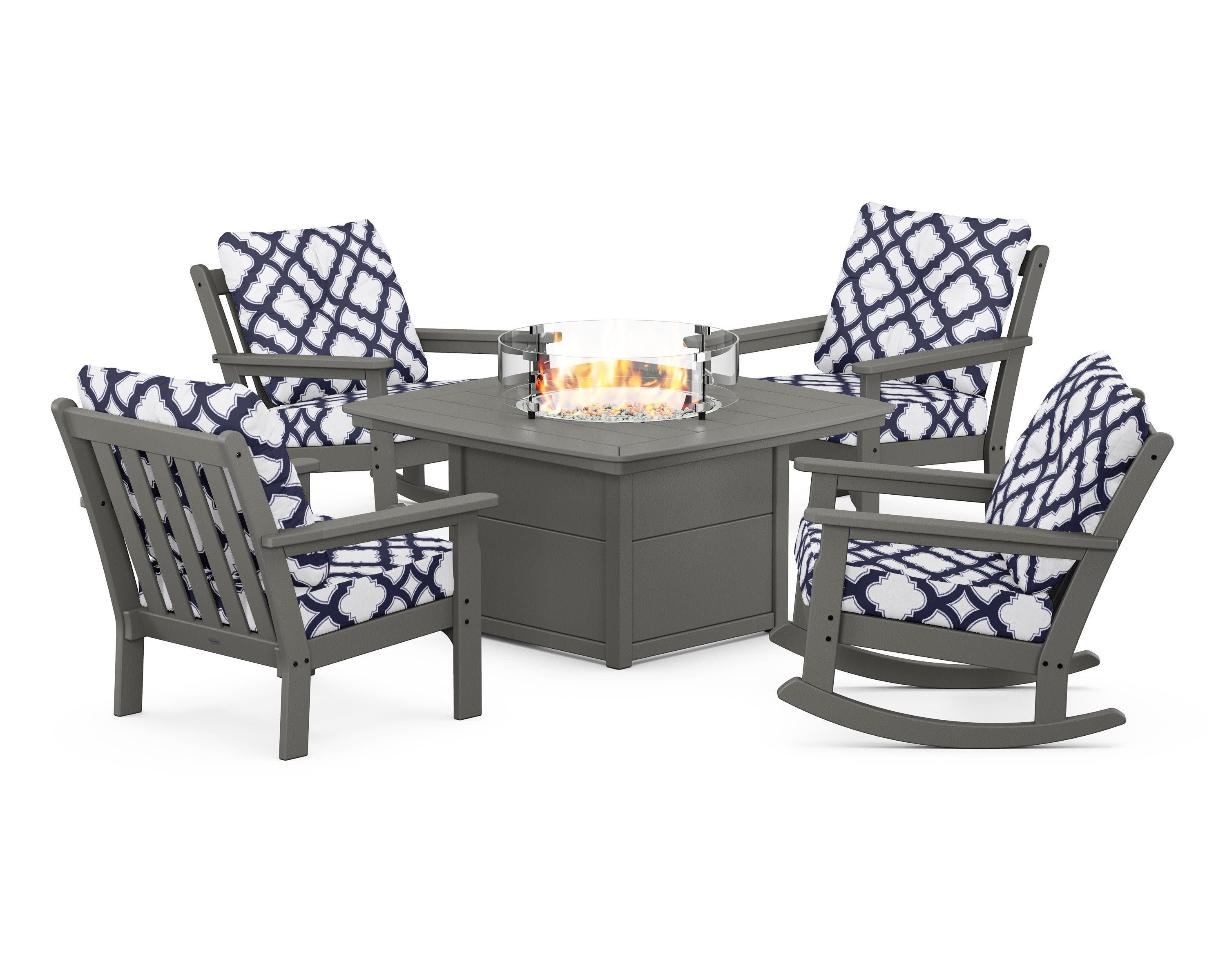 Vineyard 5-Piece Deep Seating Rocking Chair Conversation Set with Fire Pit Table in Slate Grey / Trellis Navy