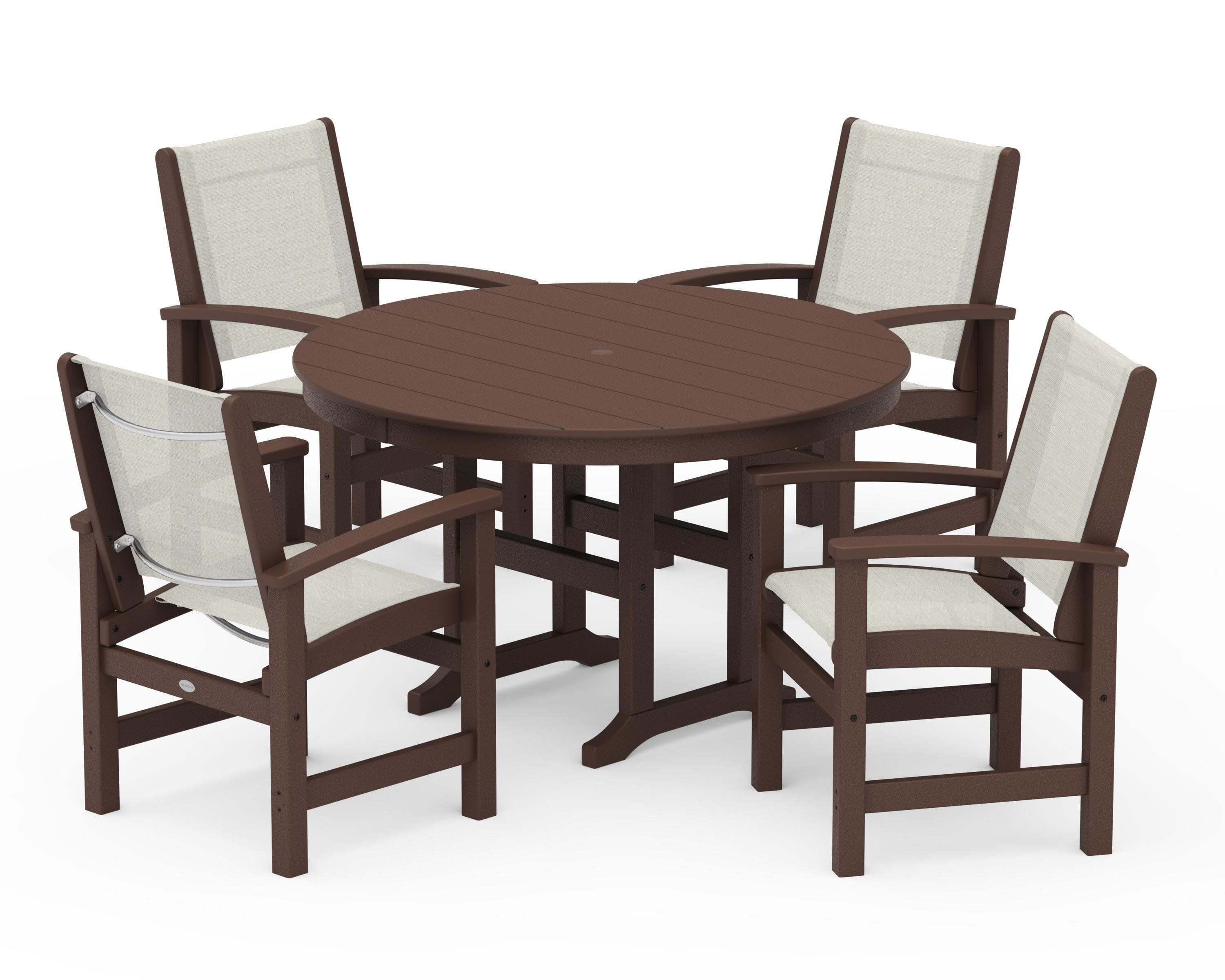 Coastal 5-Piece Round Farmhouse Dining Set in Mahogany / Parchment Sling
