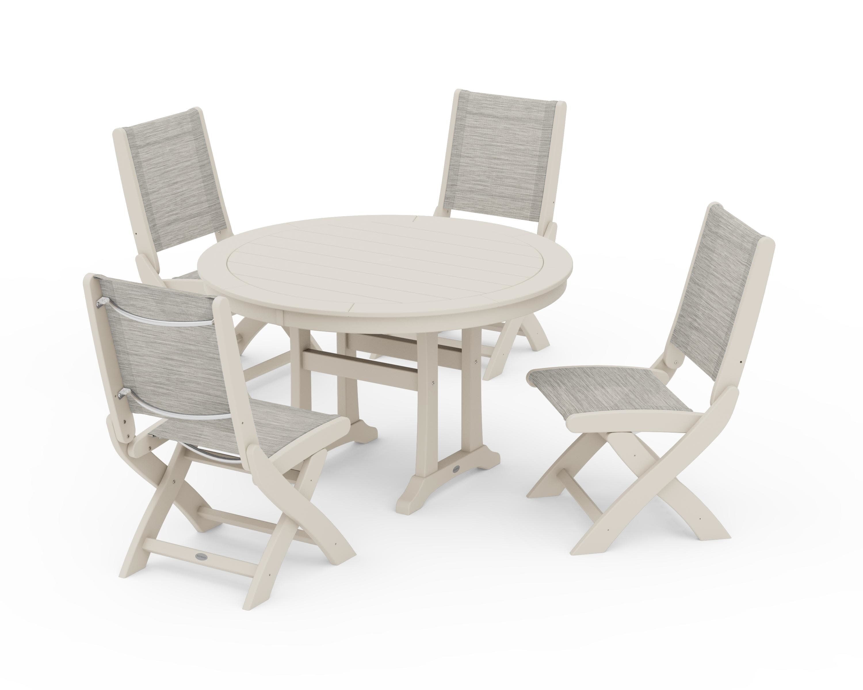 Coastal Folding Side Chair 5-Piece Round Dining Set With Trestle Legs in Sand / Birch Sling