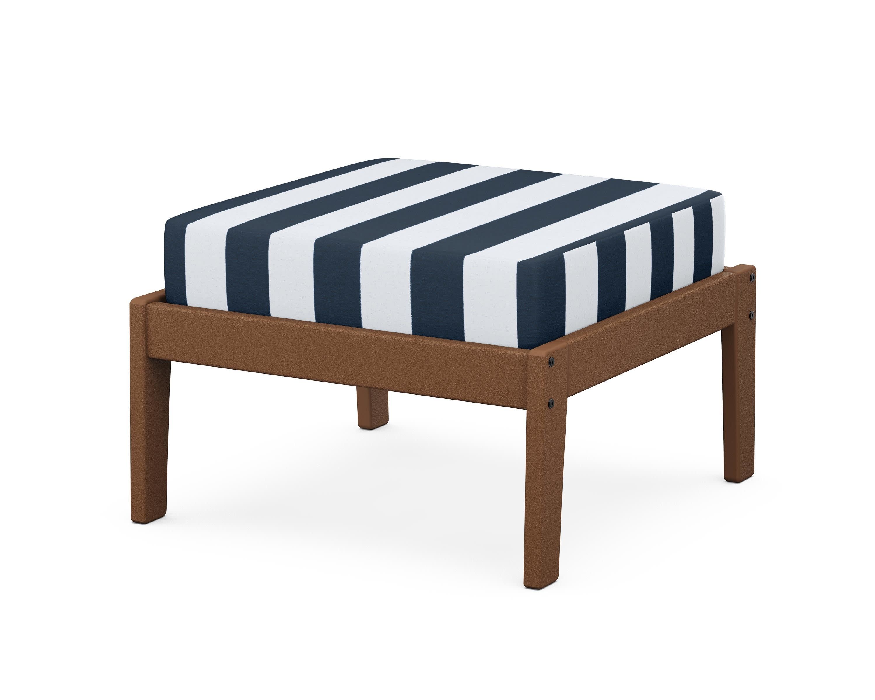 Deep Seating Ottoman in Teak / Cabana Stripe Marine Indigo