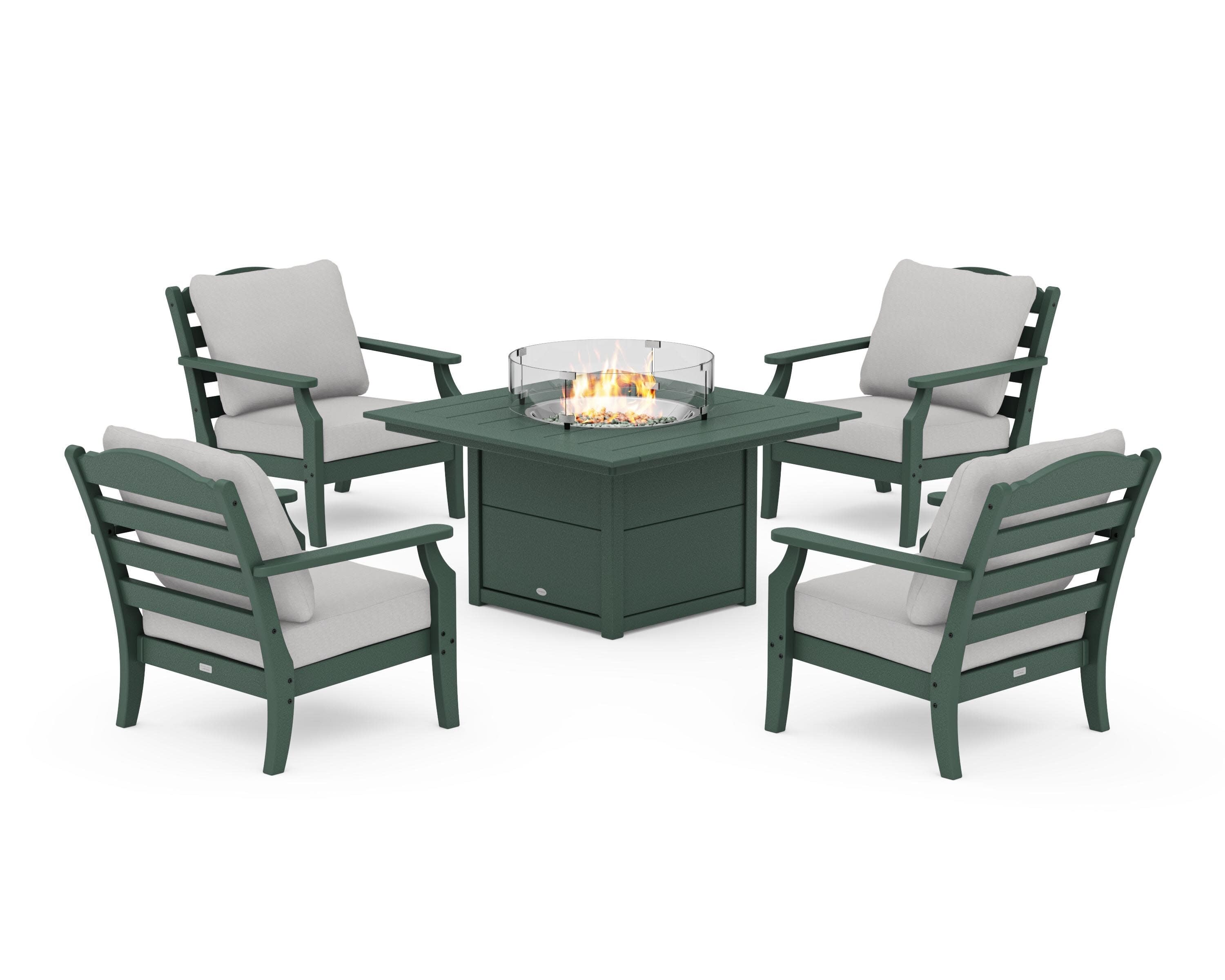 Savannah 5-Piece Deep Seating Set with Fire Pit Table in Green / Diamond in the Rough