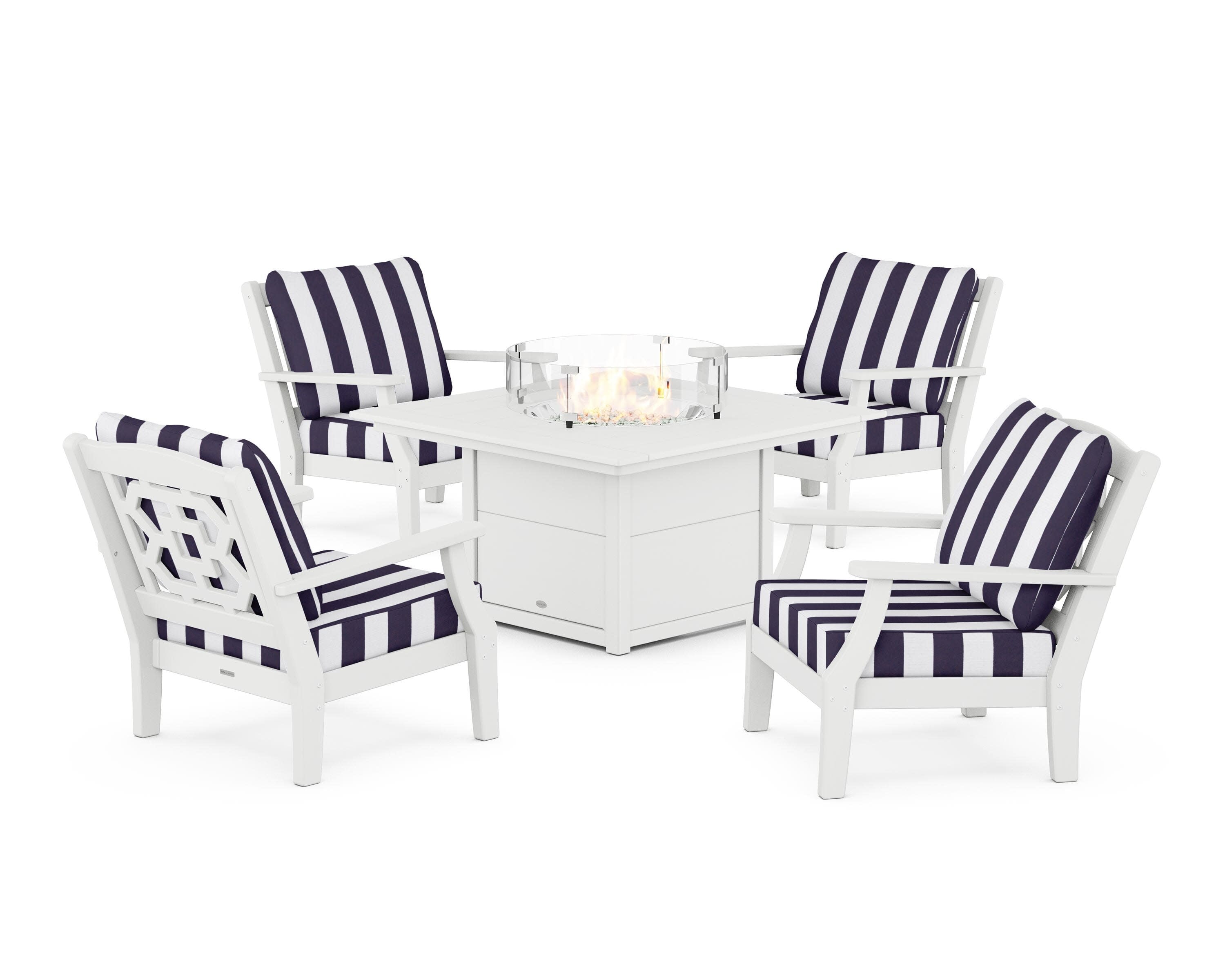 Chinoiserie 5-Piece Deep Seating Set with Fire Pit Table in White / Cabana Stripe Navy