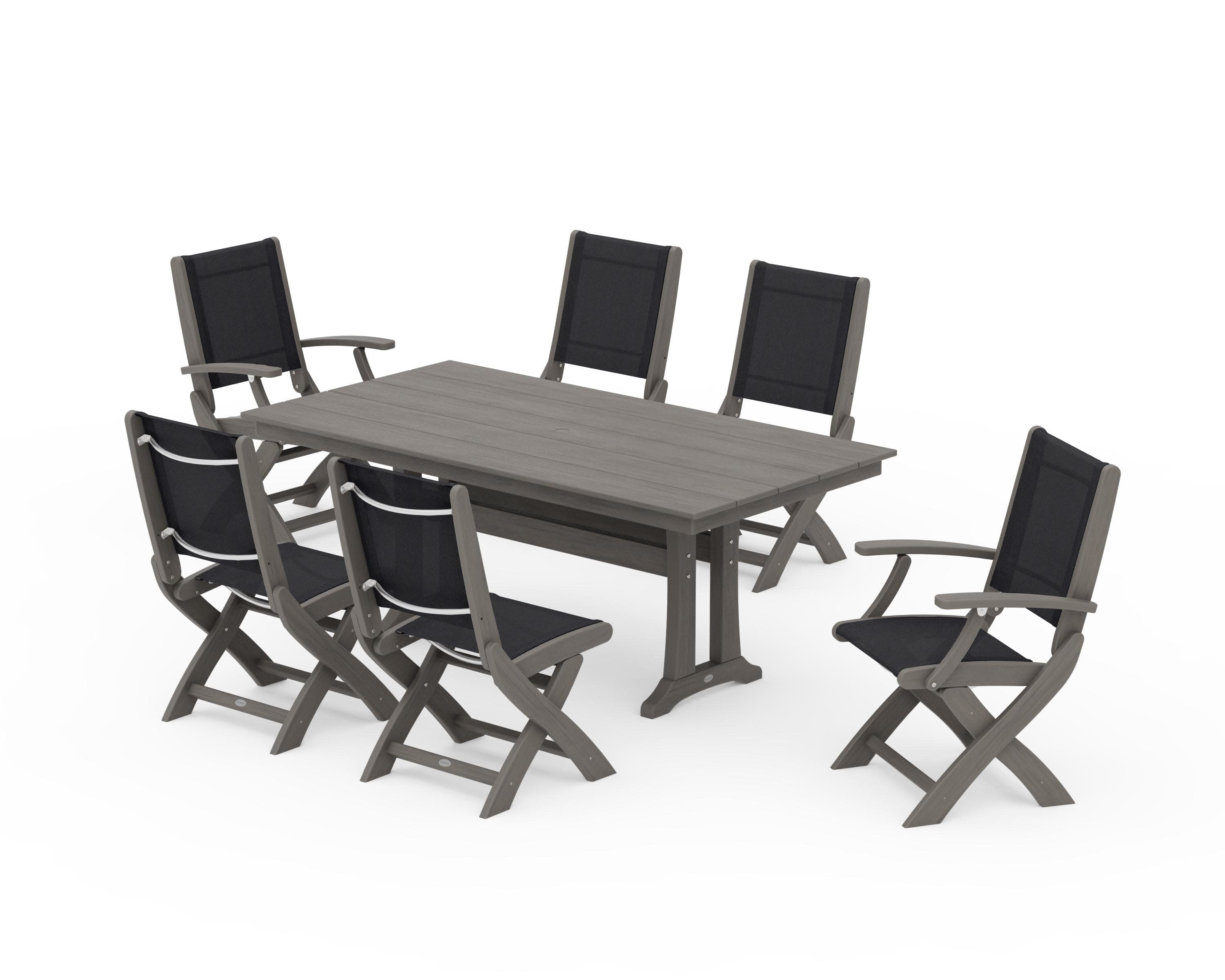 Coastal Folding Chair 7-Piece Farmhouse Dining Set with Trestle Legs in Driftwood / Black Sling