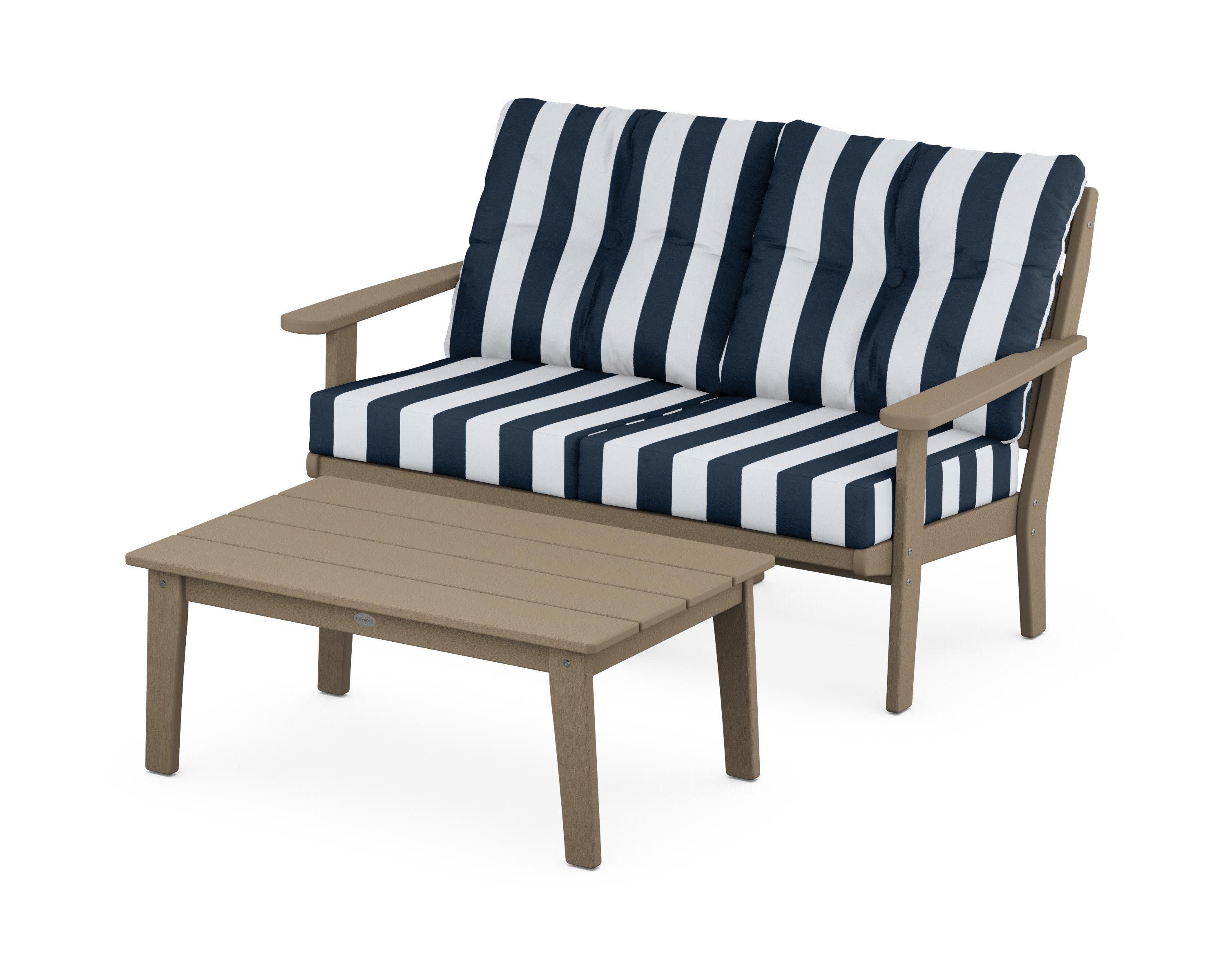 Lakeside 2-Piece Lounge Loveseat Set in Vintage Sahara / Cabana Stripe Marine Indigo