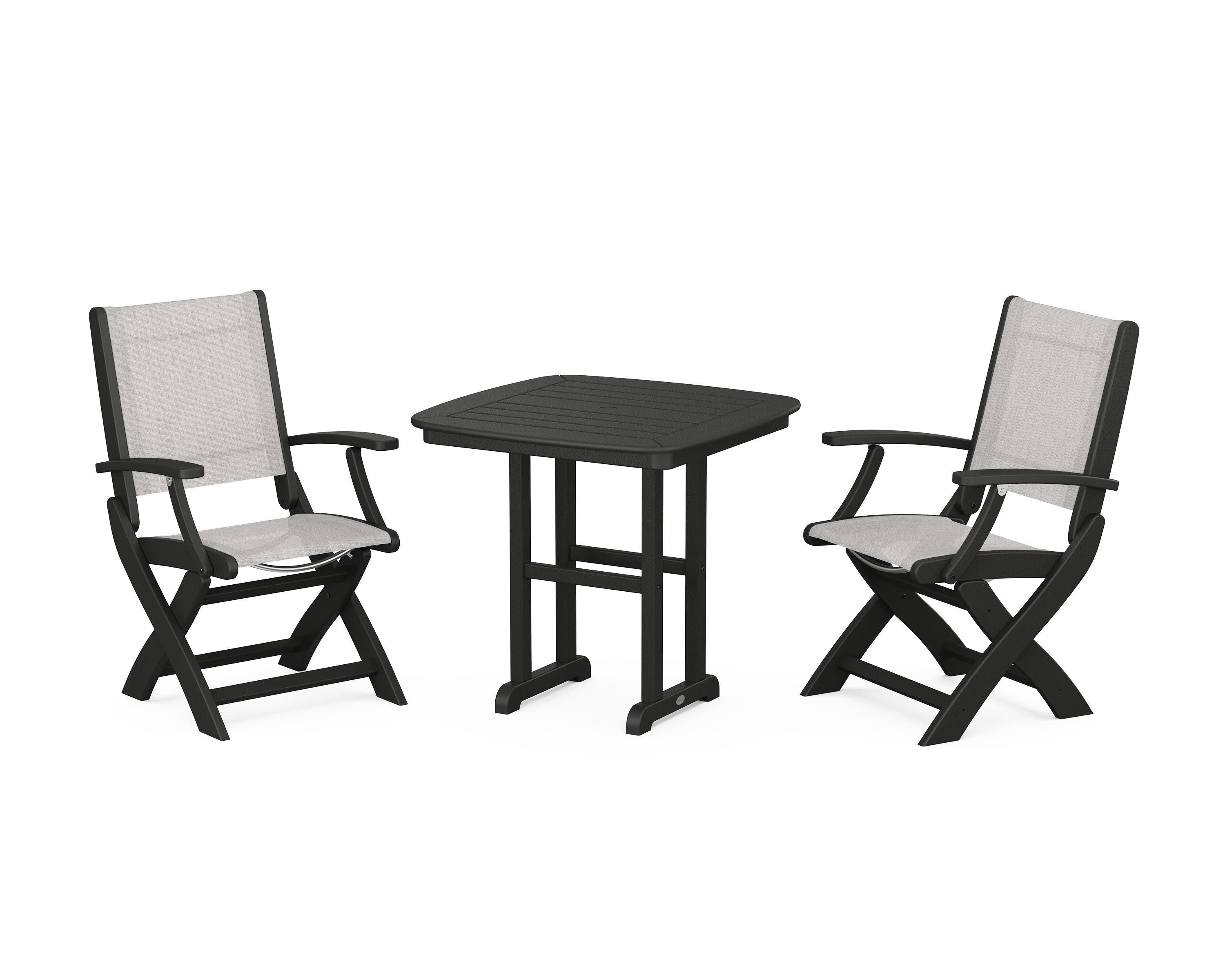 Coastal Folding Chair 3-Piece Dining Set in Black / Parchment Sling