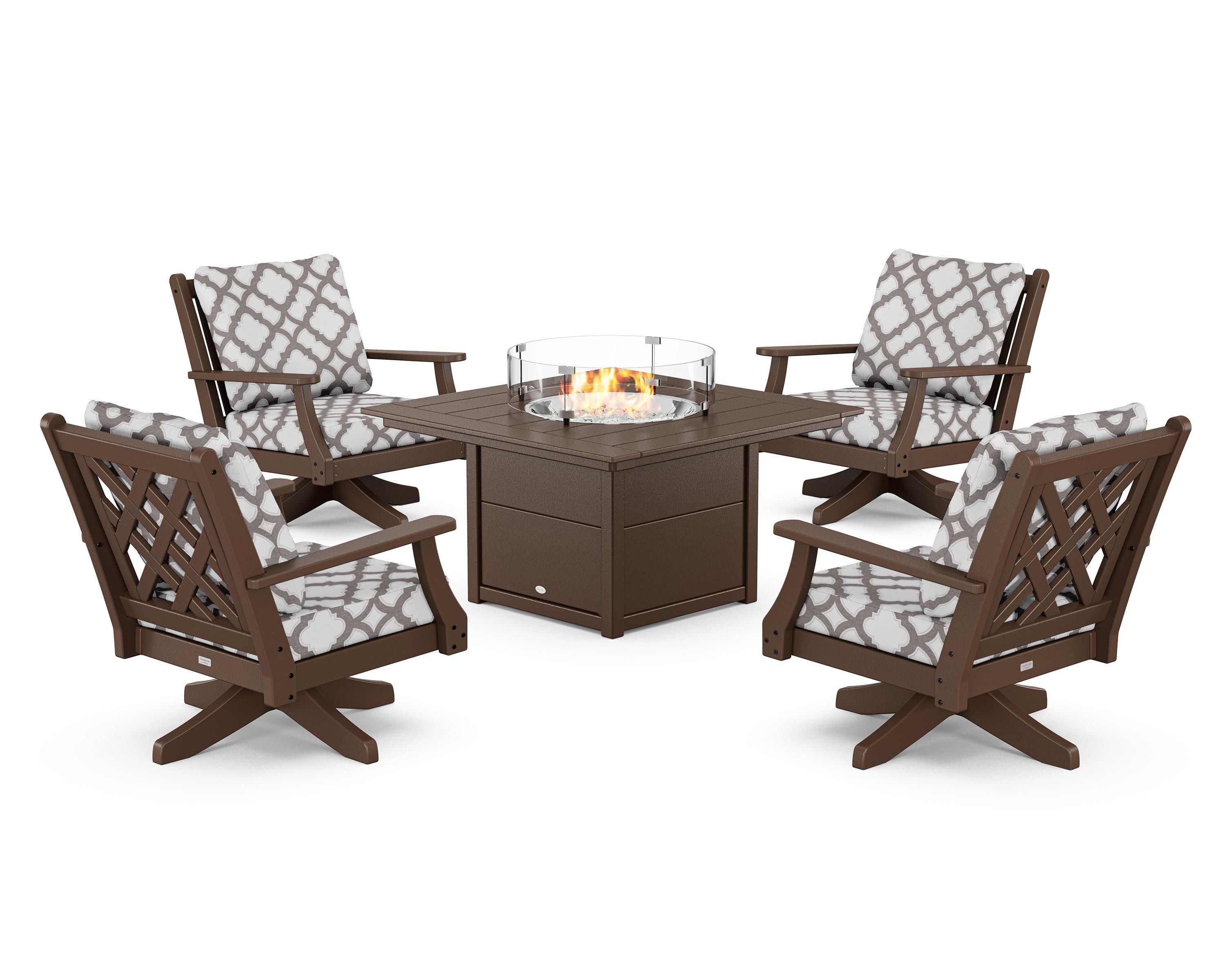 Wovendale 5-Piece Deep Seating Swivel Conversation Set with Fire Pit Table in Mahogany / Trellis Grey Mist