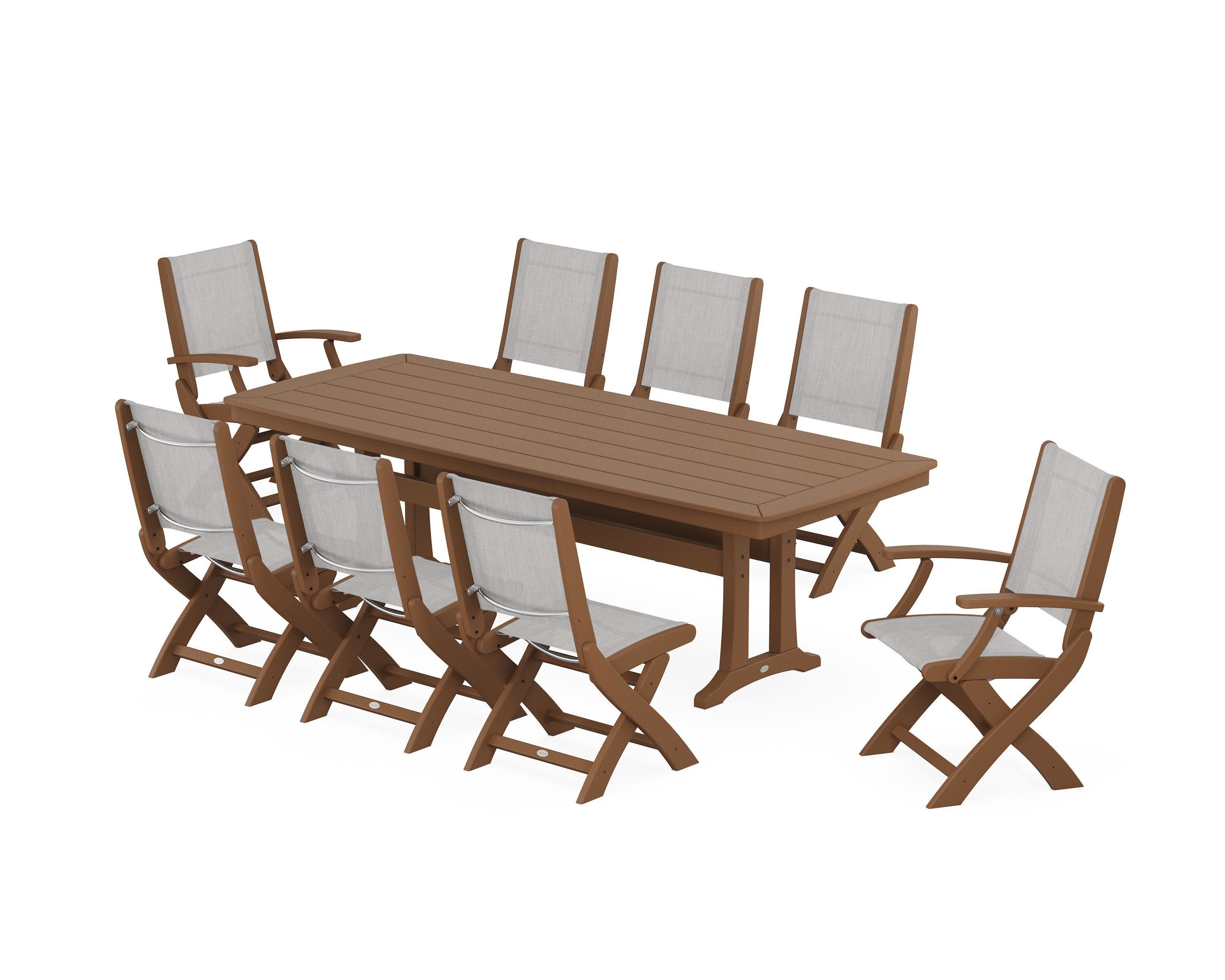 Coastal Folding 9-Piece Dining Set with Trestle Legs in Teak / Parchment Sling