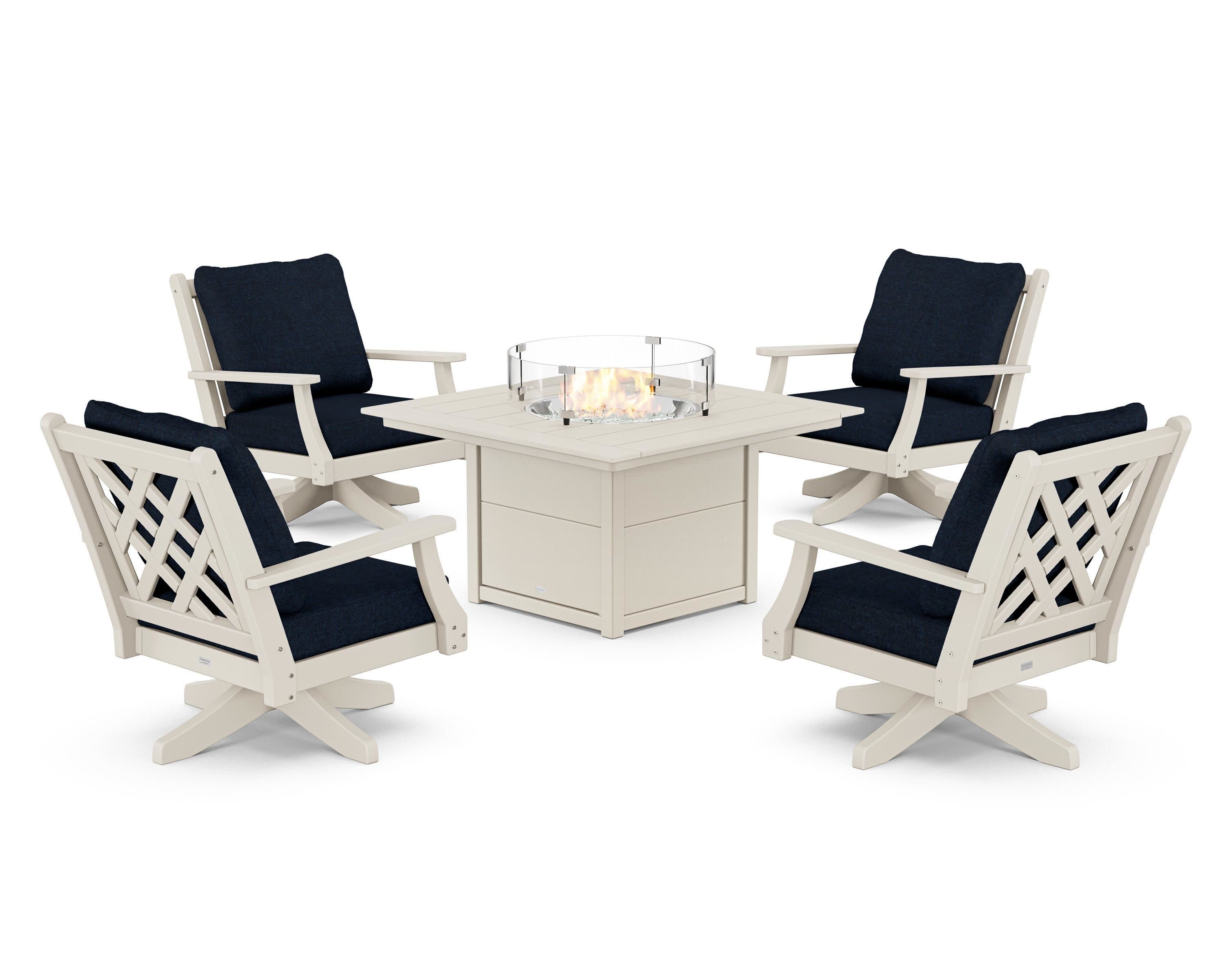 Wovendale 5-Piece Deep Seating Swivel Conversation Set with Fire Pit Table in Sand / Marine Indigo
