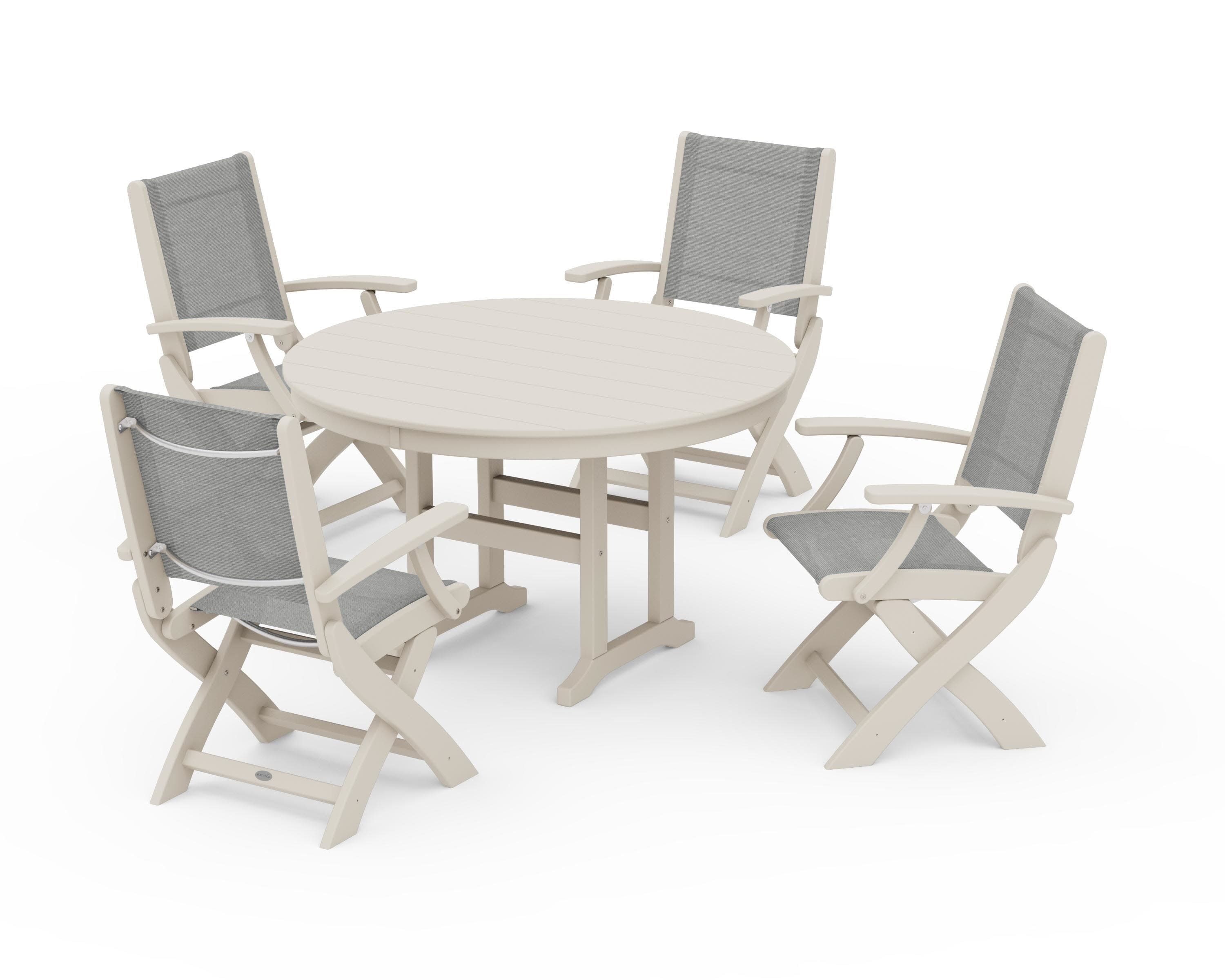 Coastal Folding Chair 5-Piece Round Dining Set in Sand / Metallic Sling