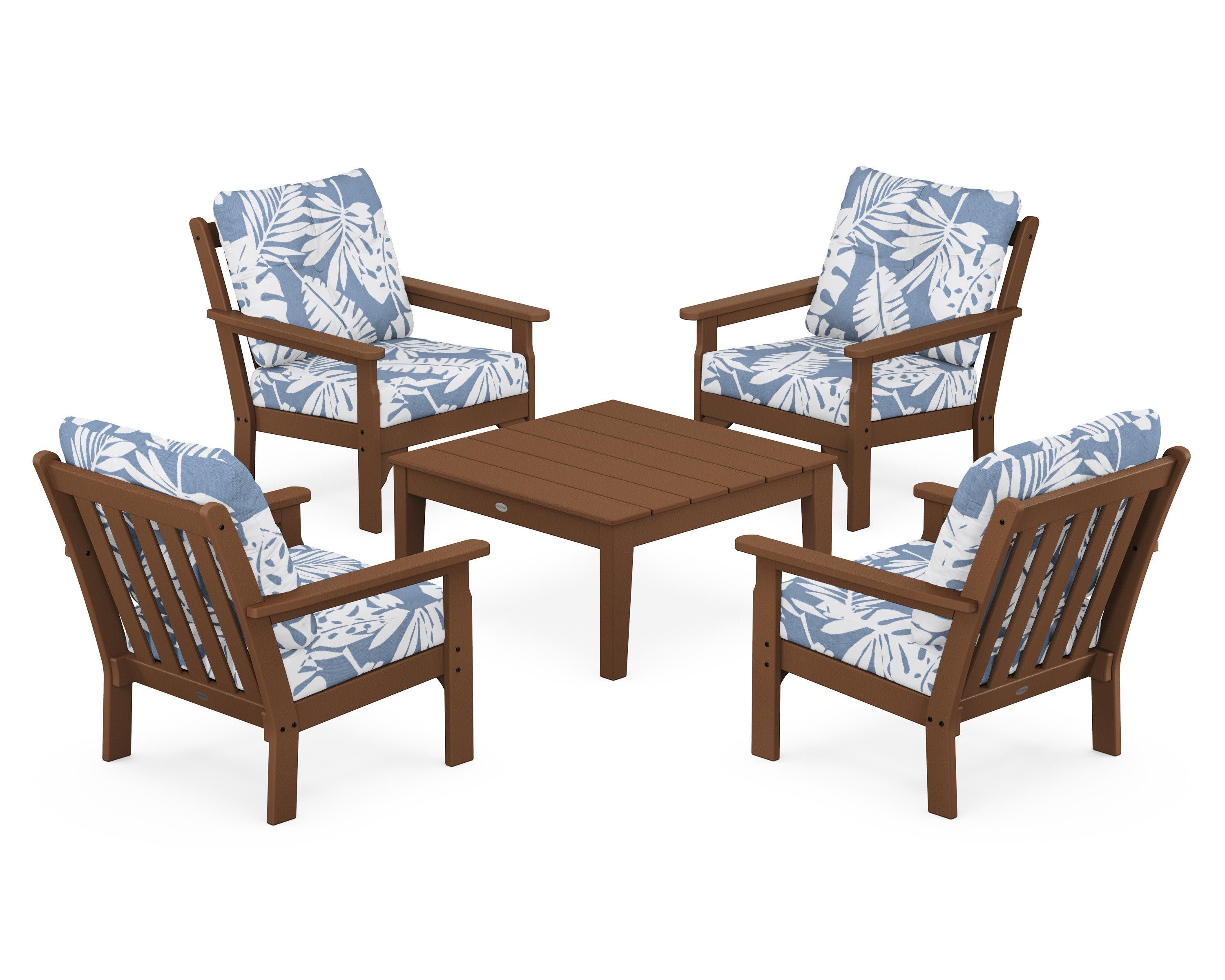 Vineyard 5-Piece Deep Seating Conversation Set in Teak / Leaf Sky Blue