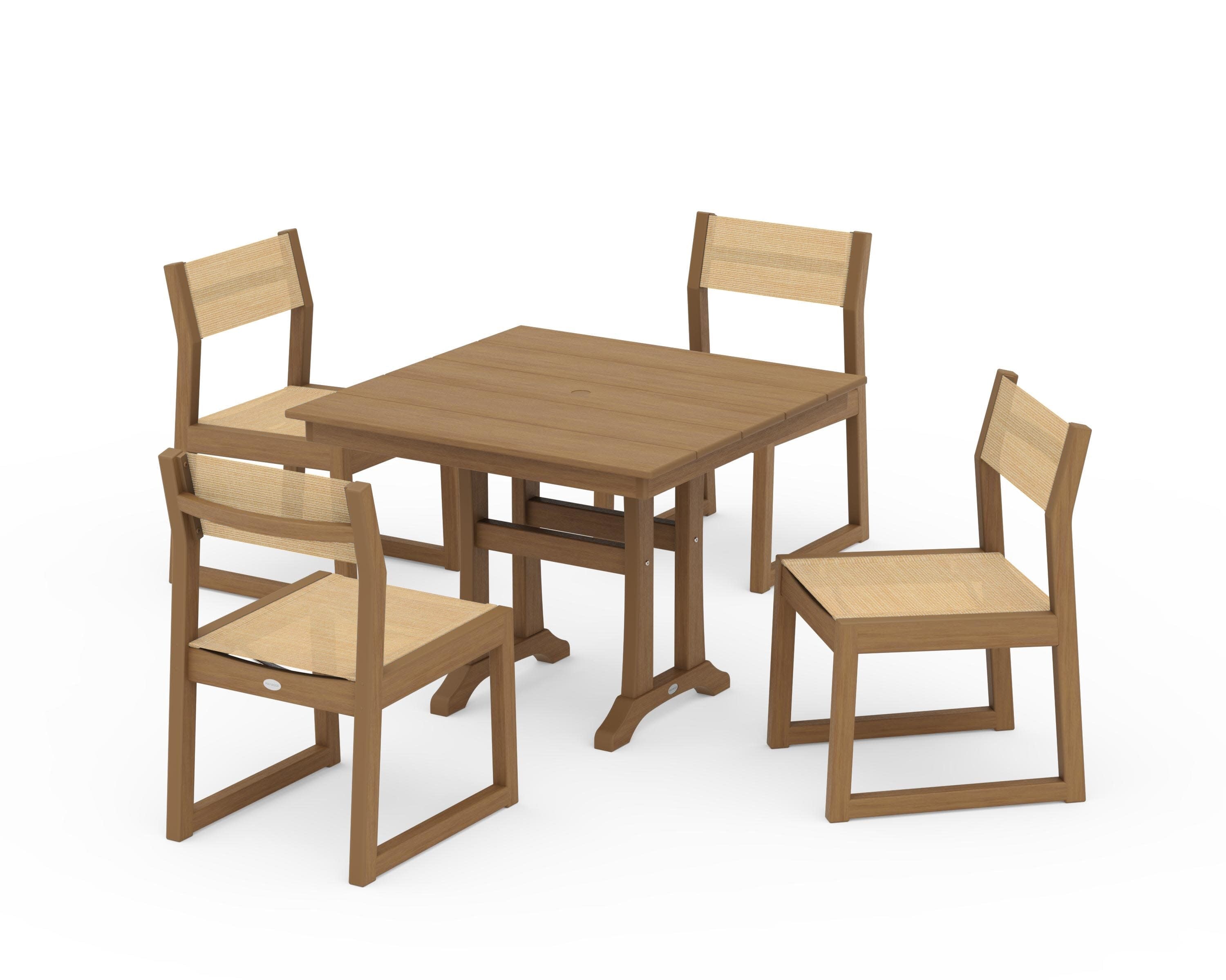 EDGE Sling 5-Piece Farmhouse Trestle Side Chair Dining Set in Natural / Dupioni Apricot Sling