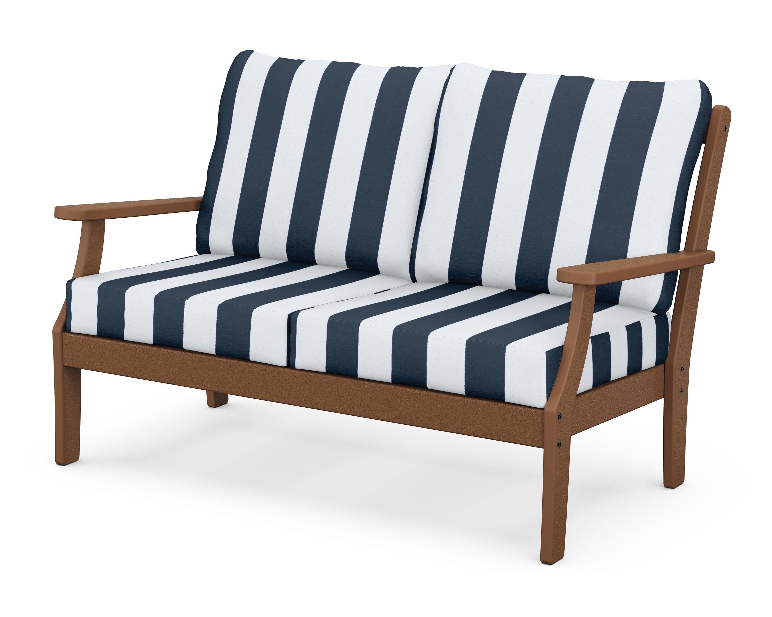 Braxton Deep Seating Loveseat in Teak / Cabana Stripe Marine Indigo