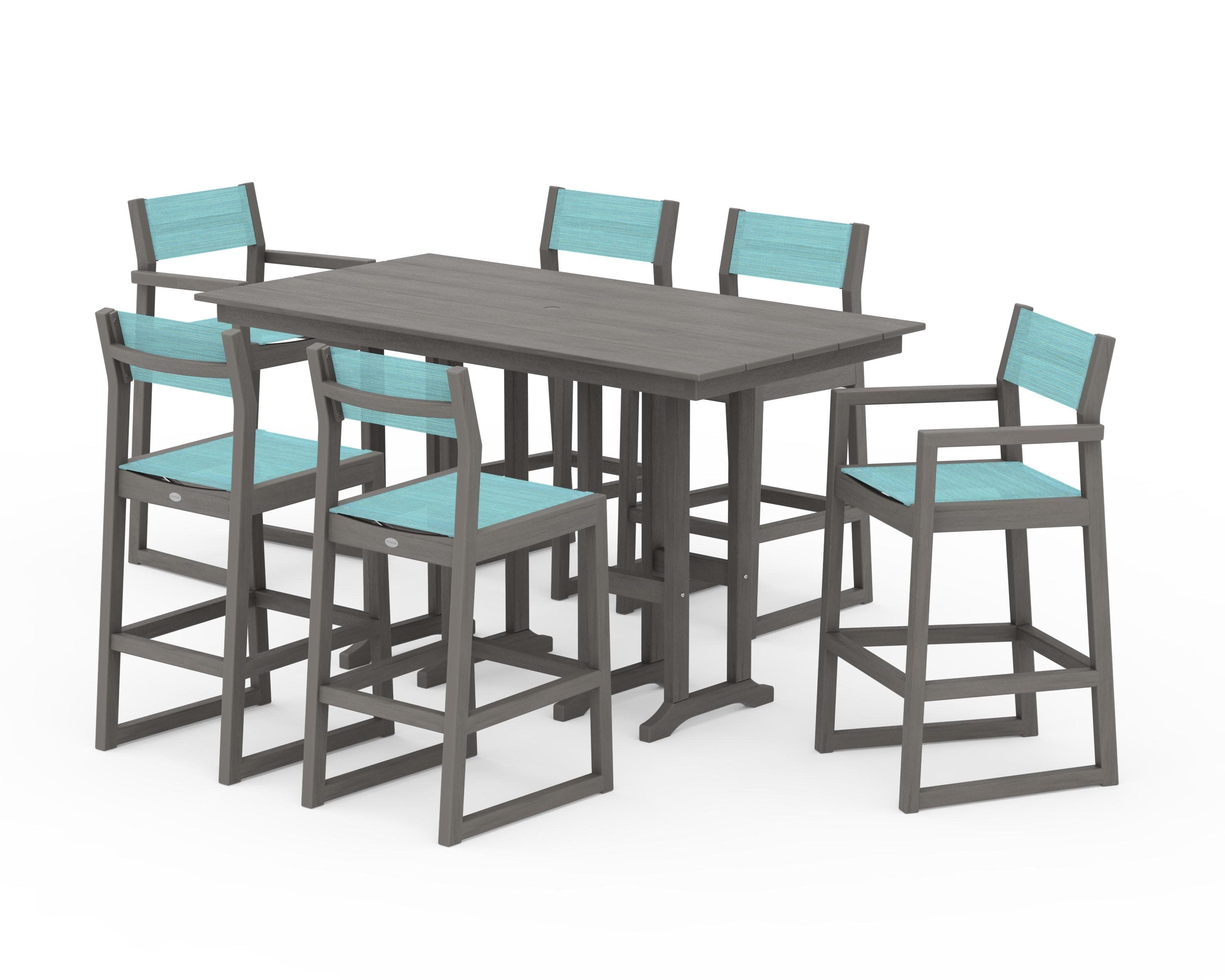 EDGE Sling 7-Piece Farmhouse Bar Set in Driftwood / Dupioni Aquamarine Sling